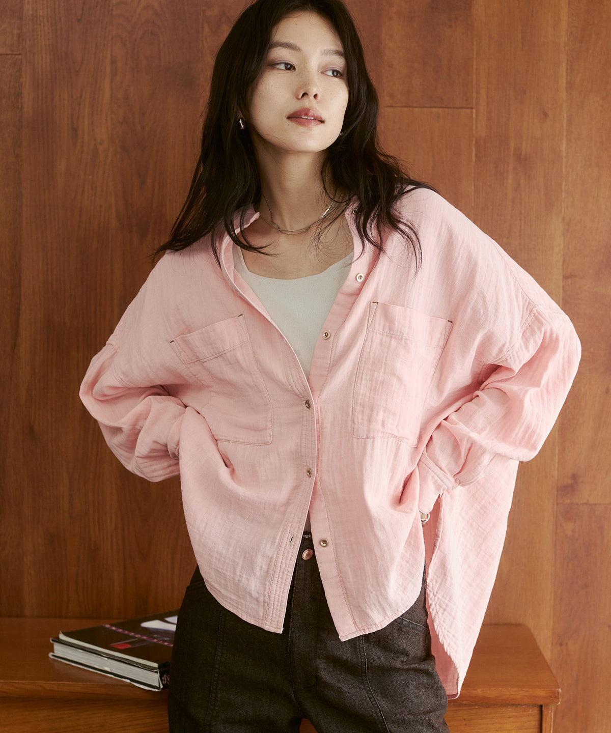 BAND-COLLAR DOUBLE-GAUZE SHIRT