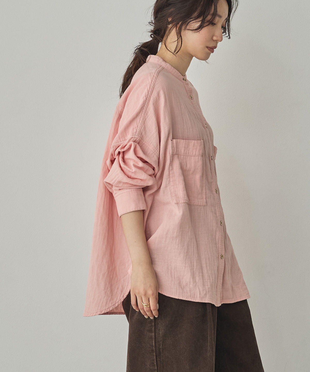 BAND-COLLAR DOUBLE-GAUZE SHIRT