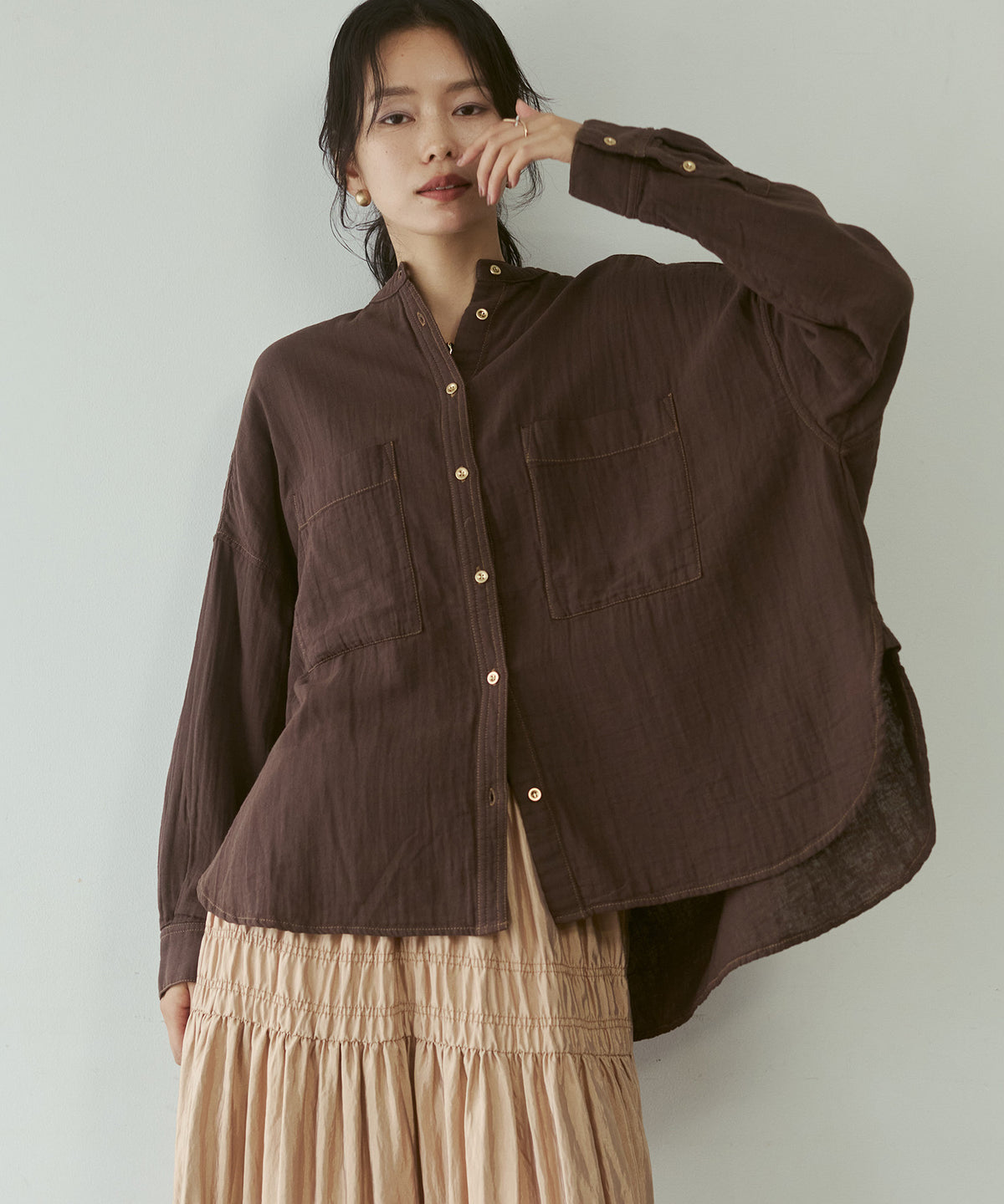 BAND-COLLAR DOUBLE-GAUZE SHIRT
