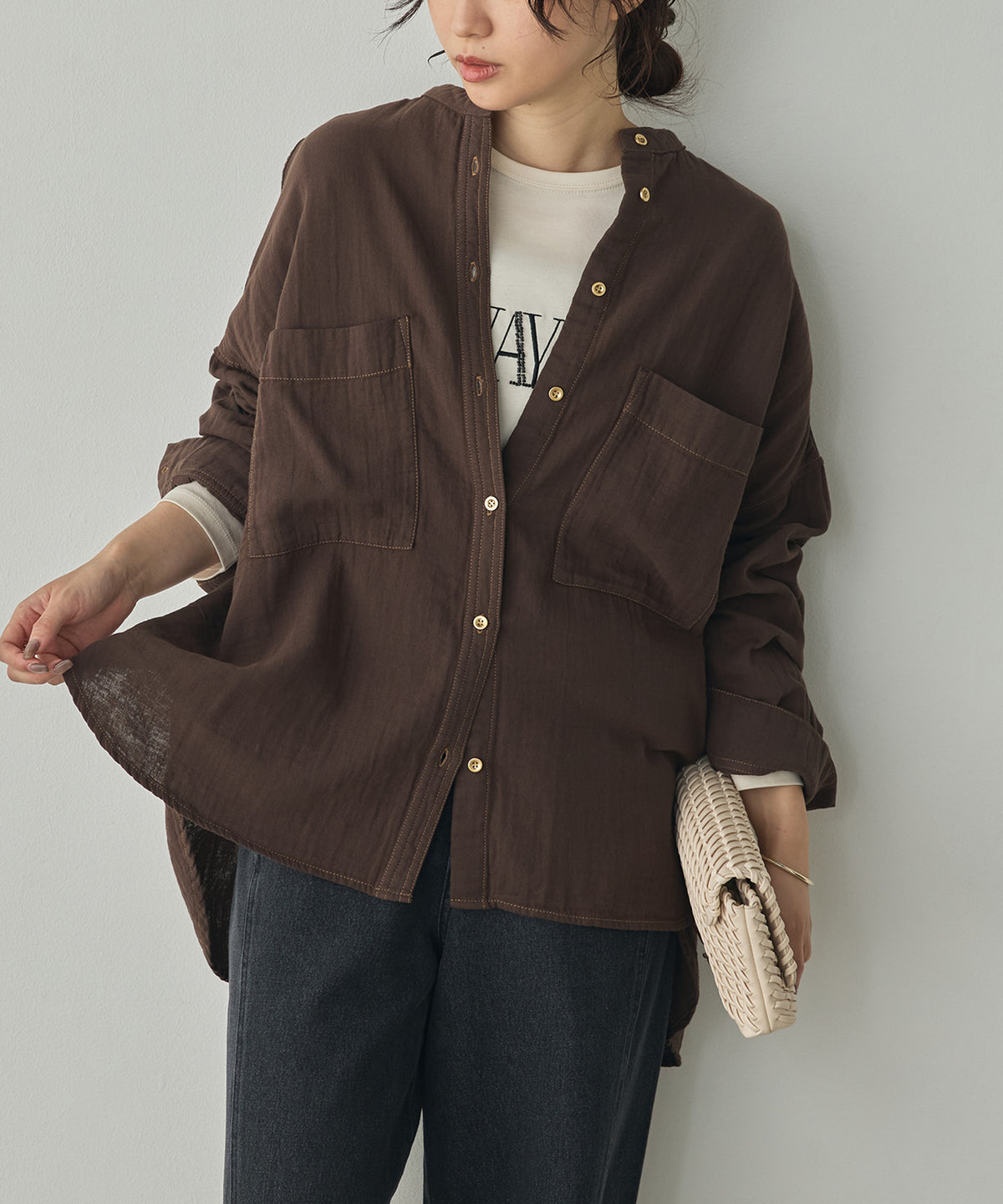 BAND-COLLAR DOUBLE-GAUZE SHIRT