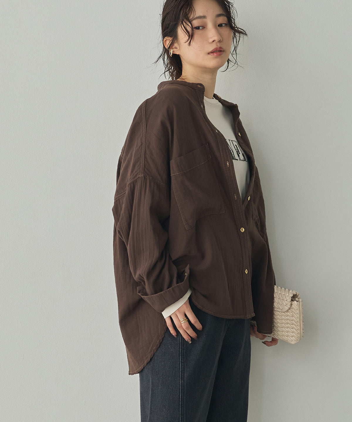 BAND-COLLAR DOUBLE-GAUZE SHIRT