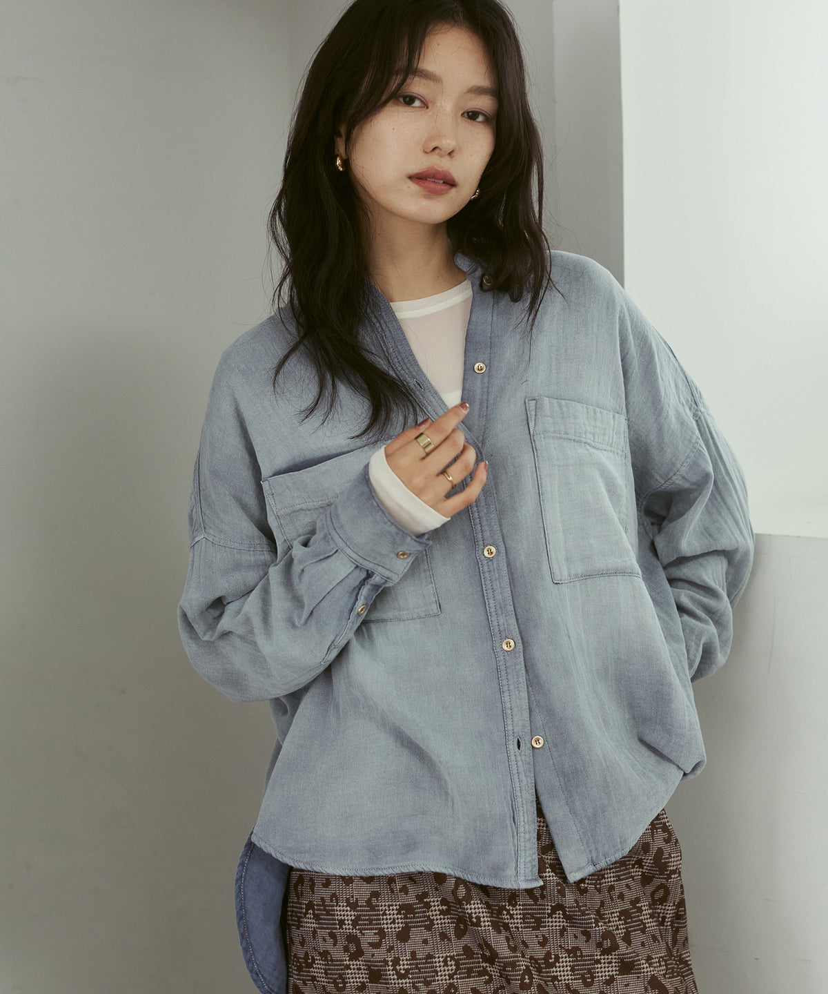 BAND-COLLAR DOUBLE-GAUZE SHIRT