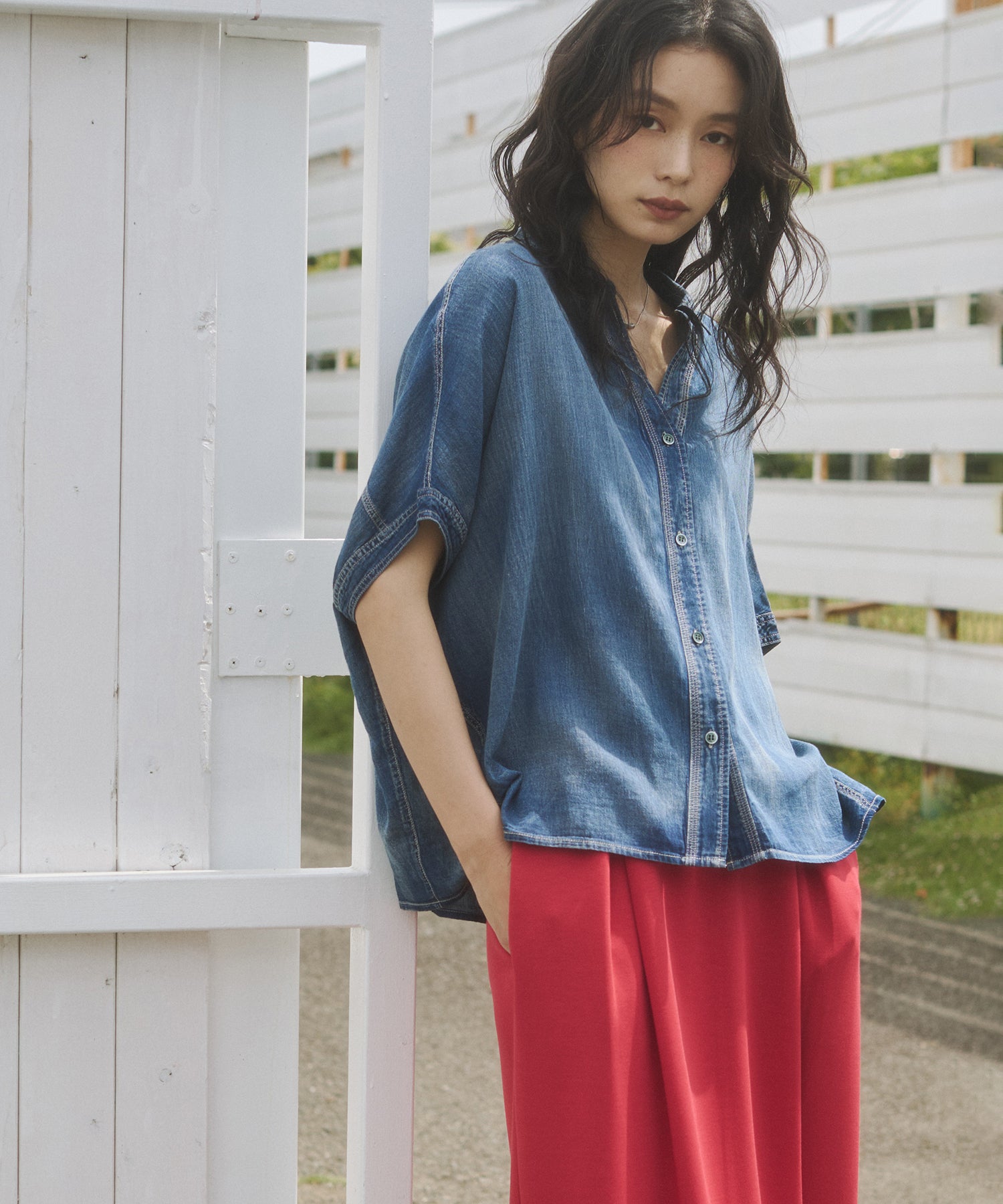 SHEER DENIM SHORT-SLEEVE SKIPPER SHIRT