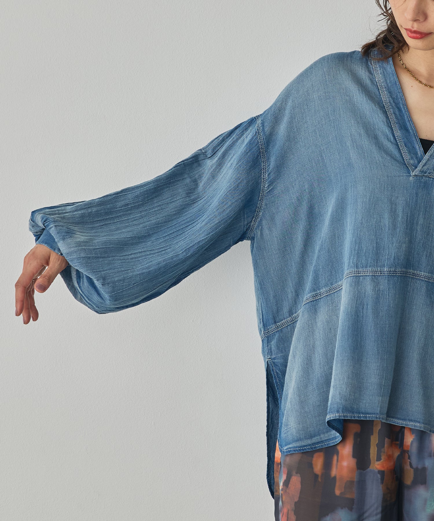 SHEER DENIM SKIPPER TOPS