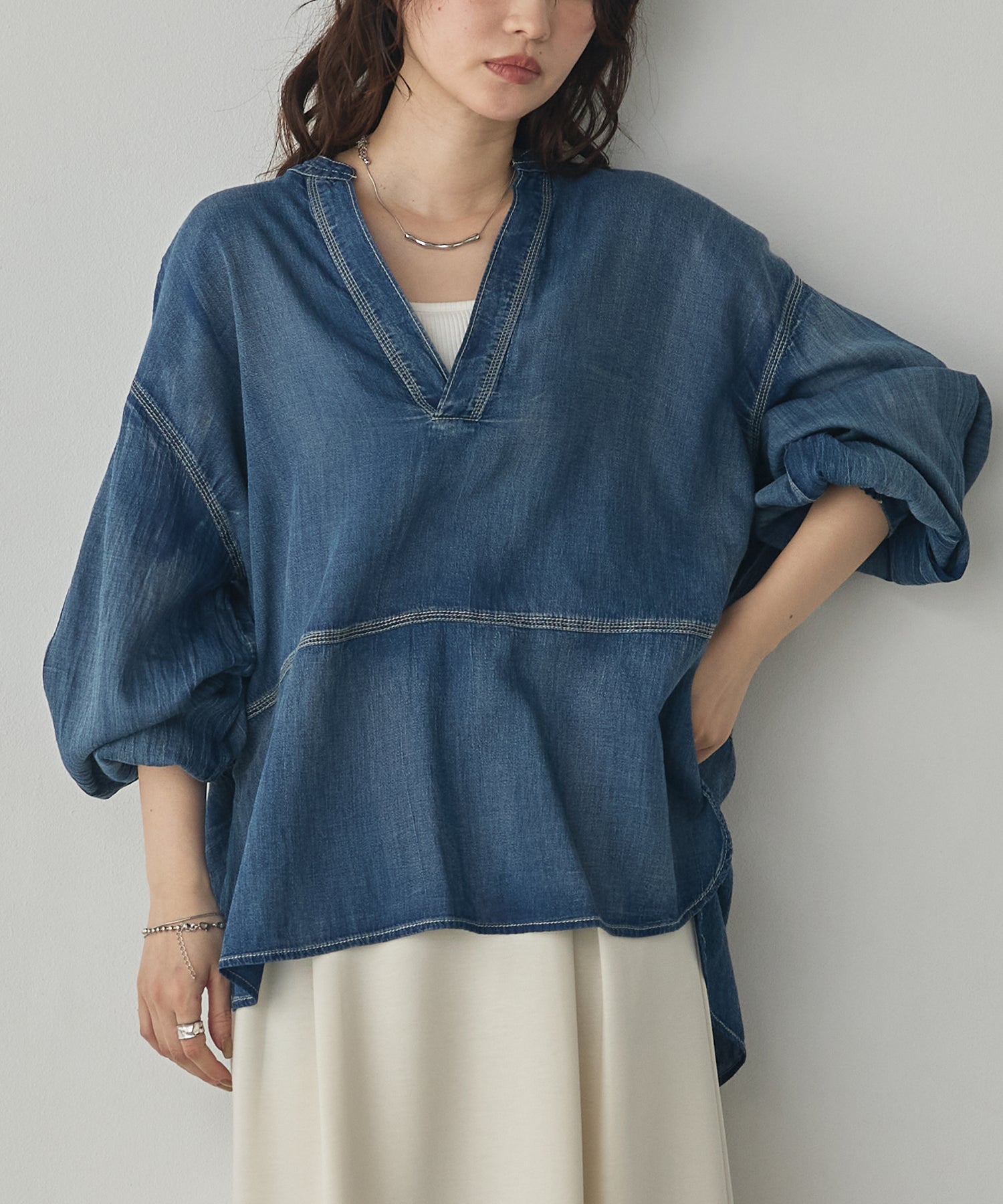 SHEER DENIM SKIPPER TOPS