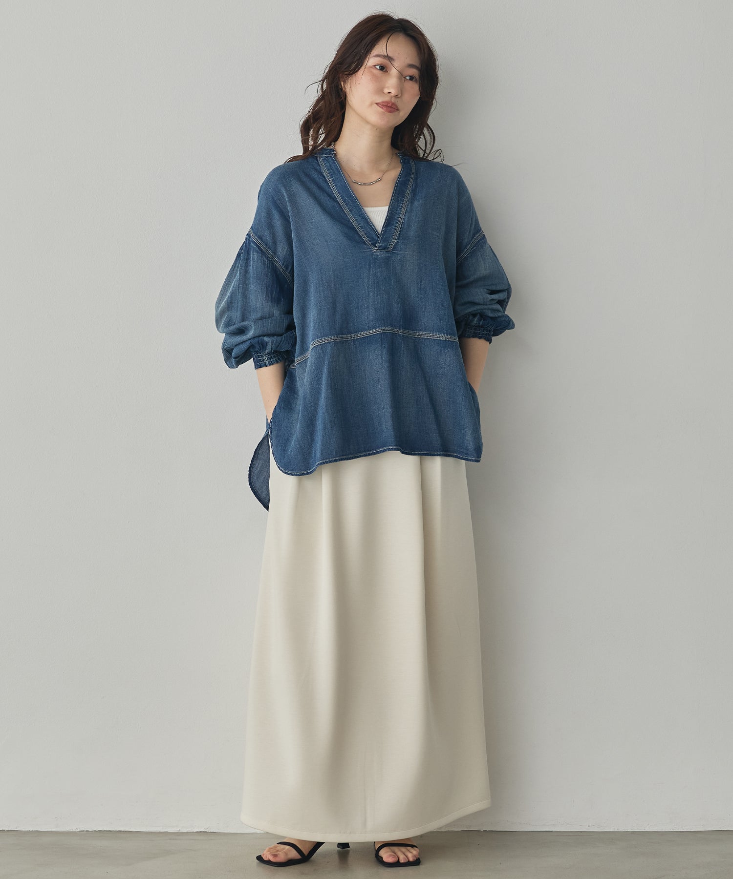 SHEER DENIM SKIPPER TOPS