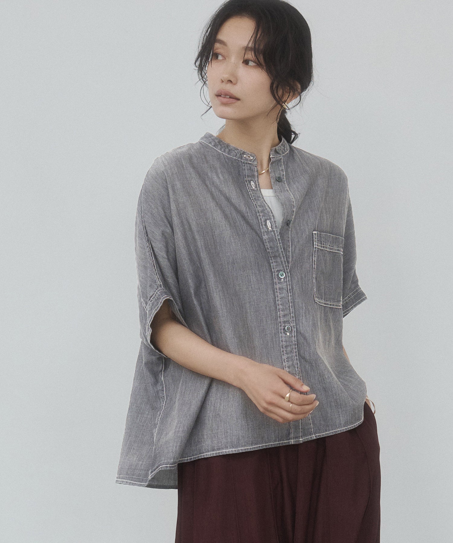 SHEER DENIM OVERSIZED SHORT-SLEEVE SHIRT