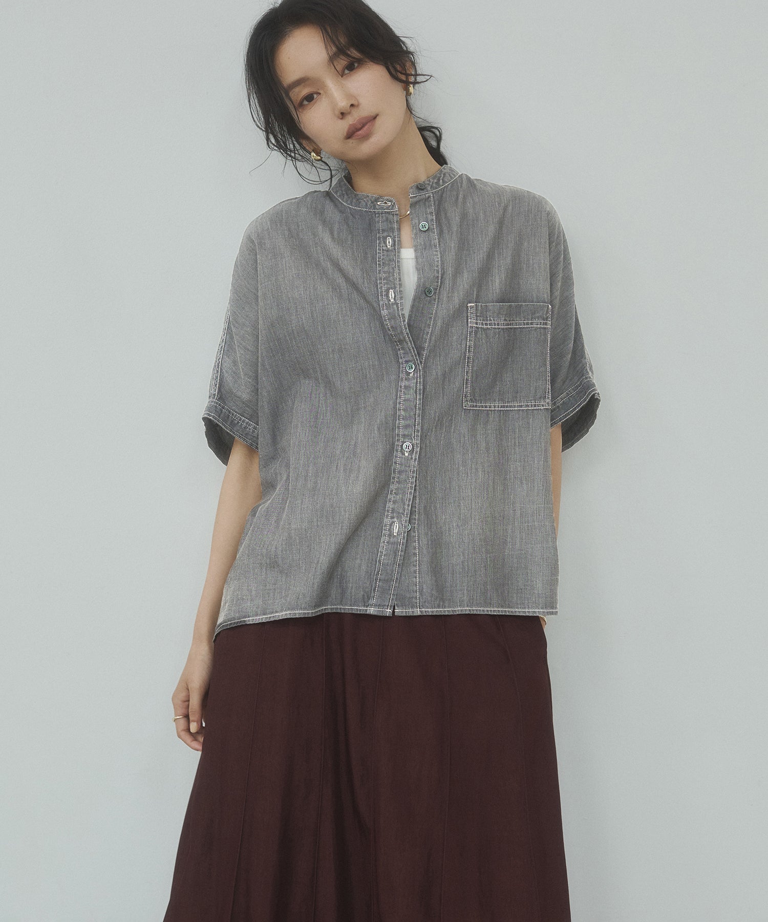 SHEER DENIM OVERSIZED SHORT-SLEEVE SHIRT