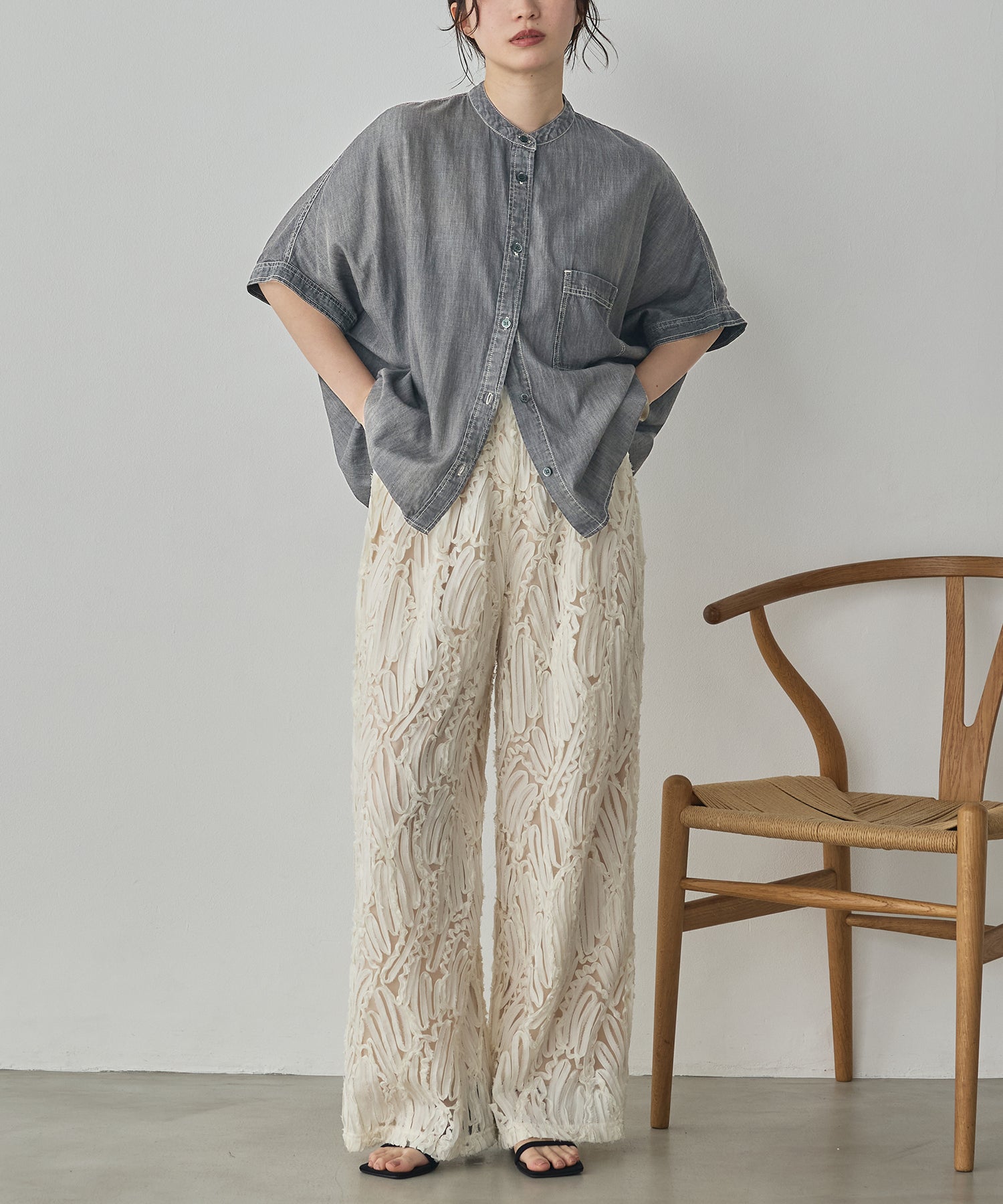 SHEER DENIM OVERSIZED SHORT-SLEEVE SHIRT