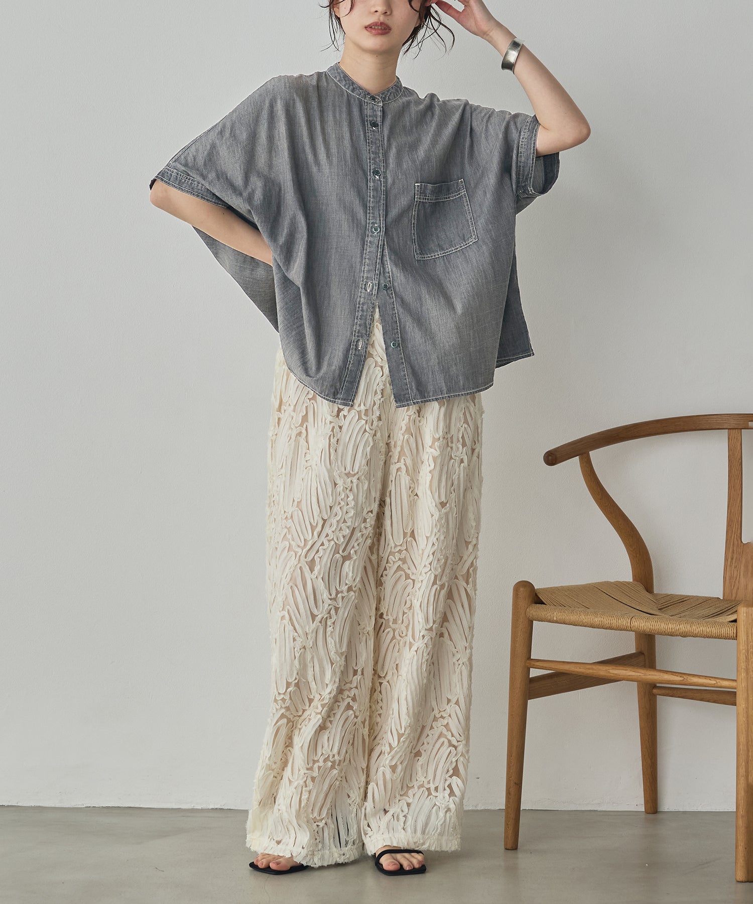 SHEER DENIM OVERSIZED SHORT-SLEEVE SHIRT