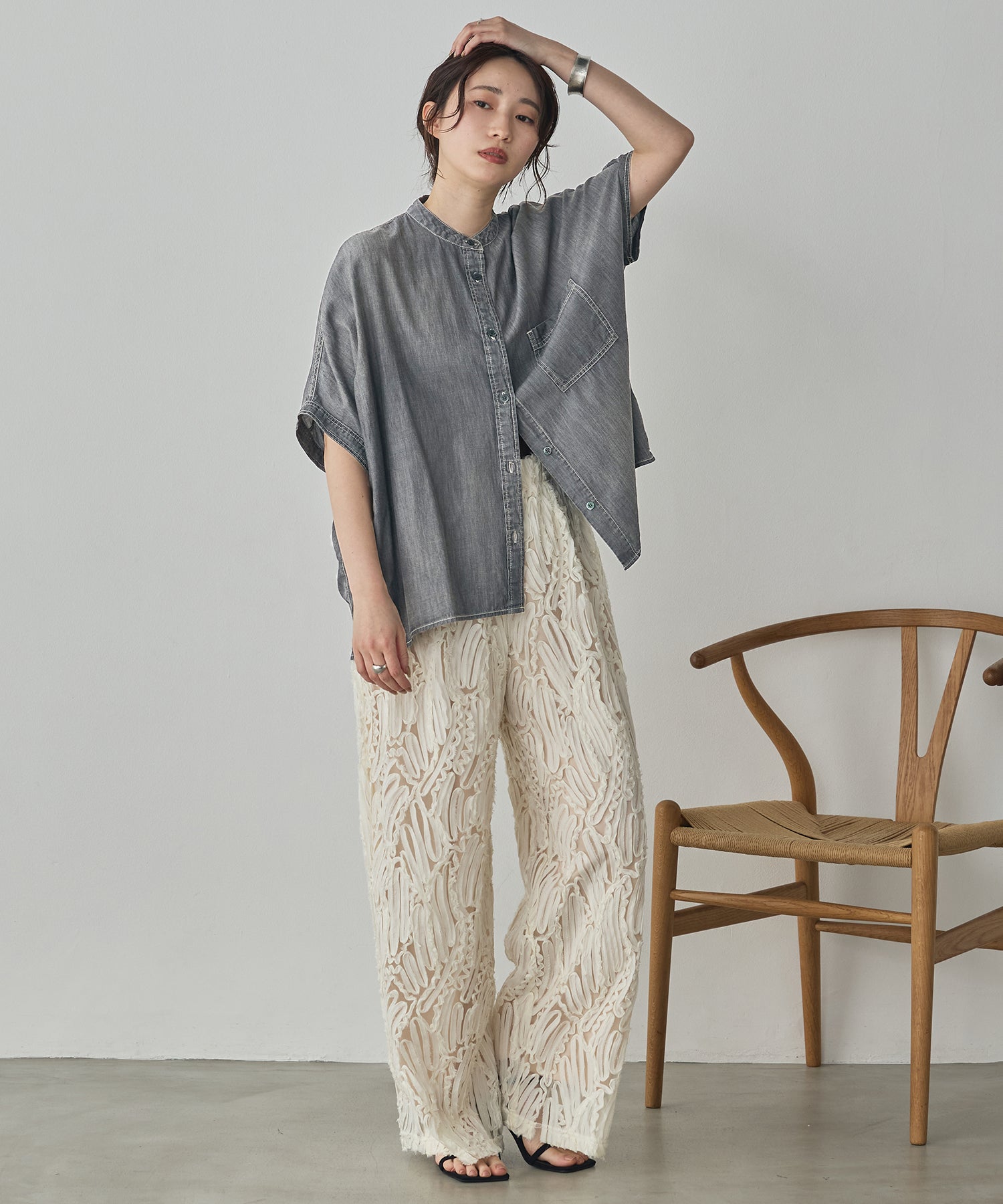 SHEER DENIM OVERSIZED SHORT-SLEEVE SHIRT