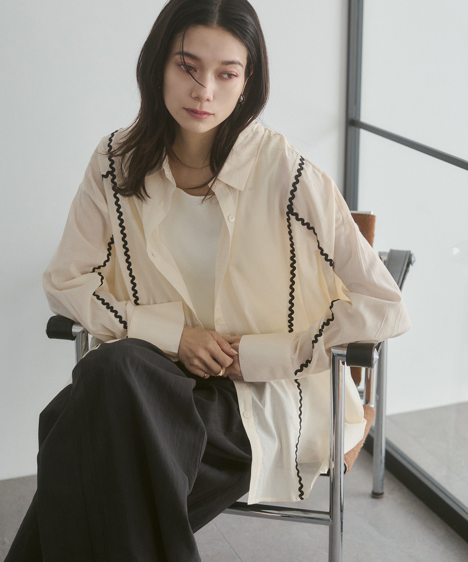 コットンボイル 配色ラインシャツ