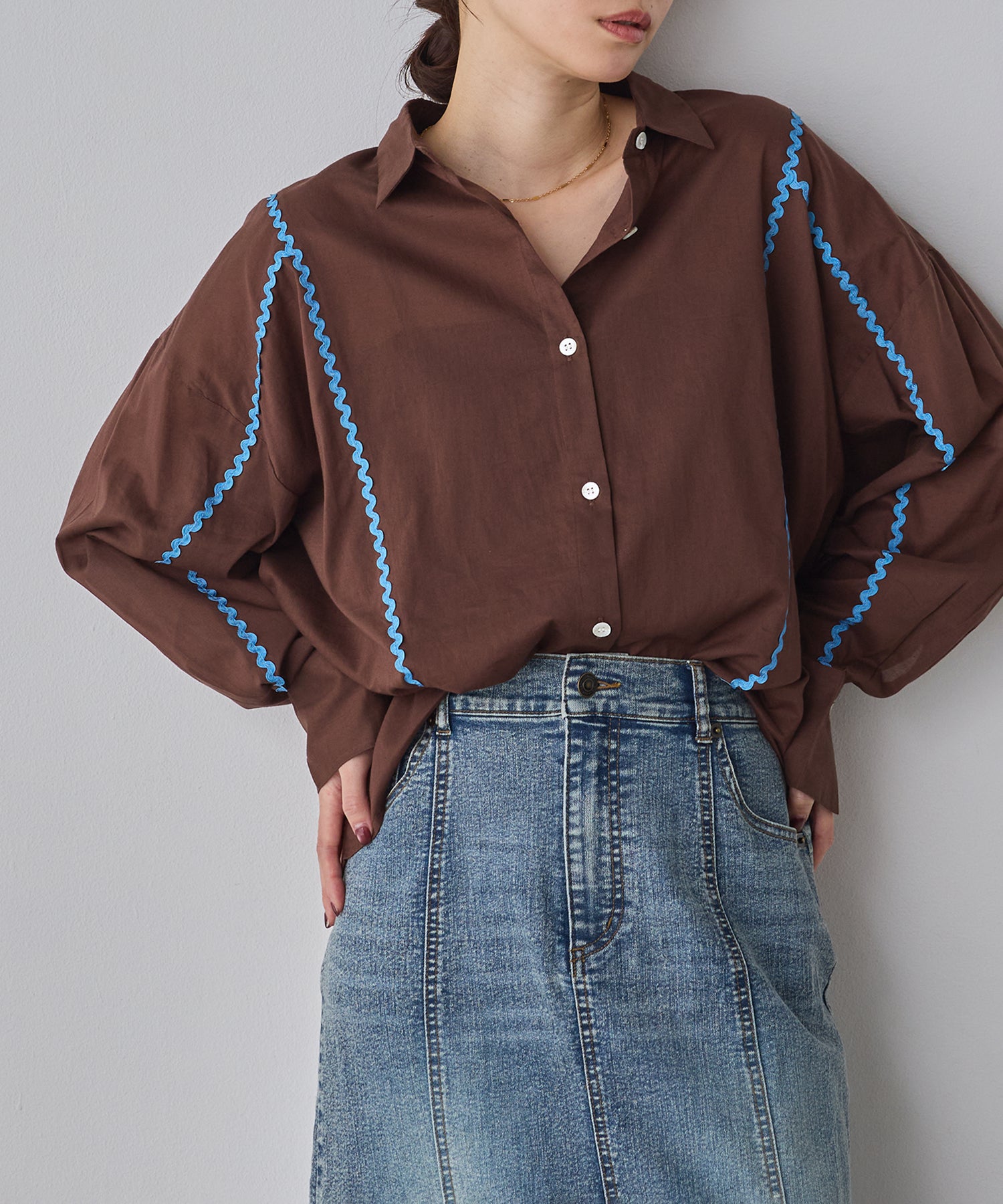 コットンボイル 配色ラインシャツ