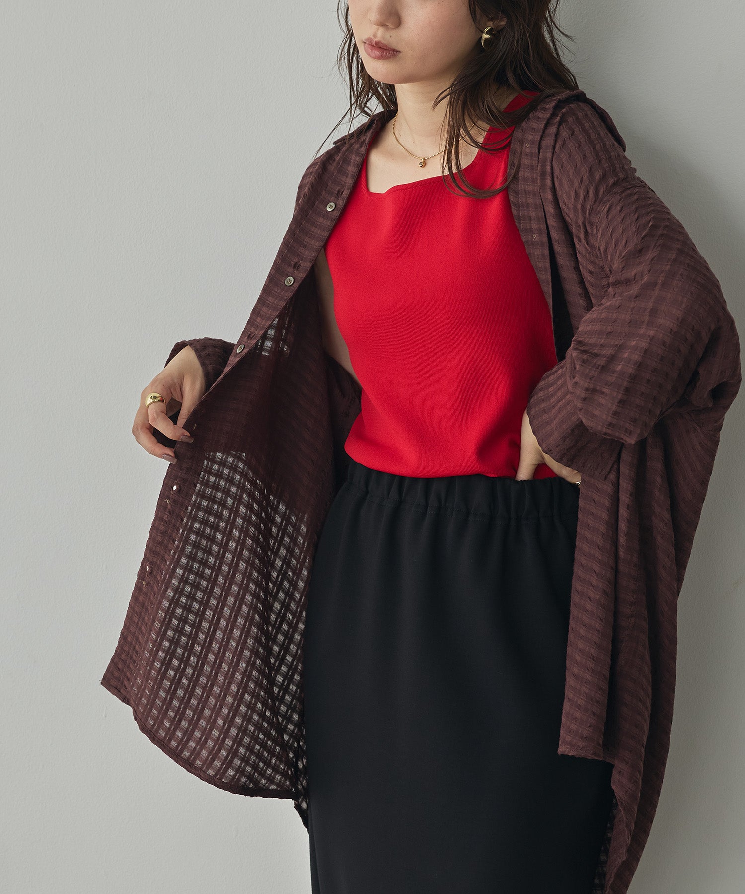 DOBBY CHECK 2-WAY SLEEVE OVERSIZED SHIRT