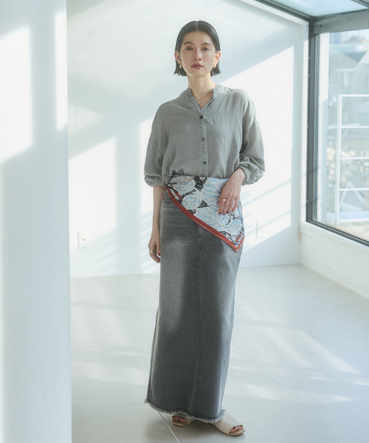 バックギャザー テンセルデニムシャツ