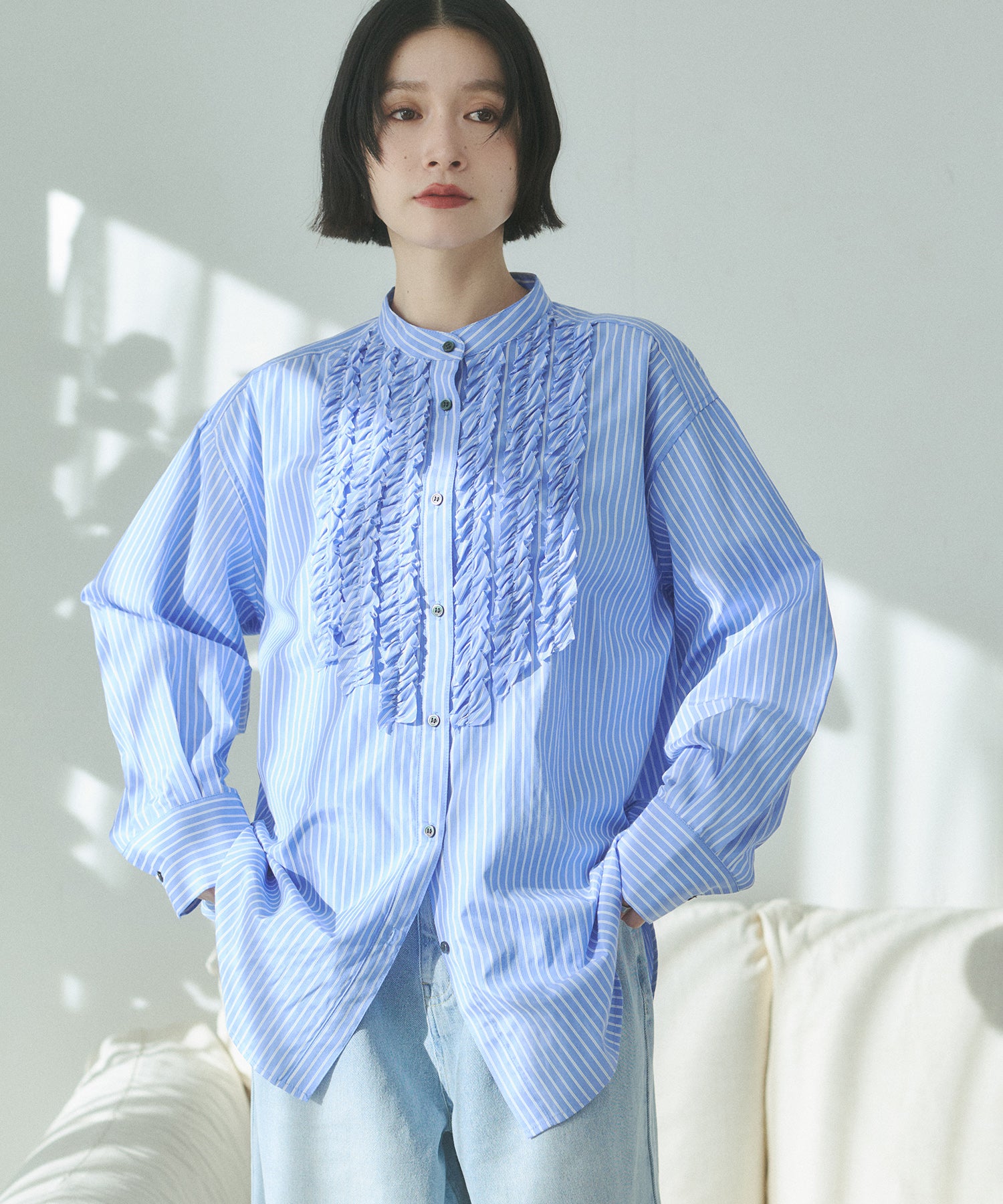 スラブ/デニム ストライプフリルシャツ