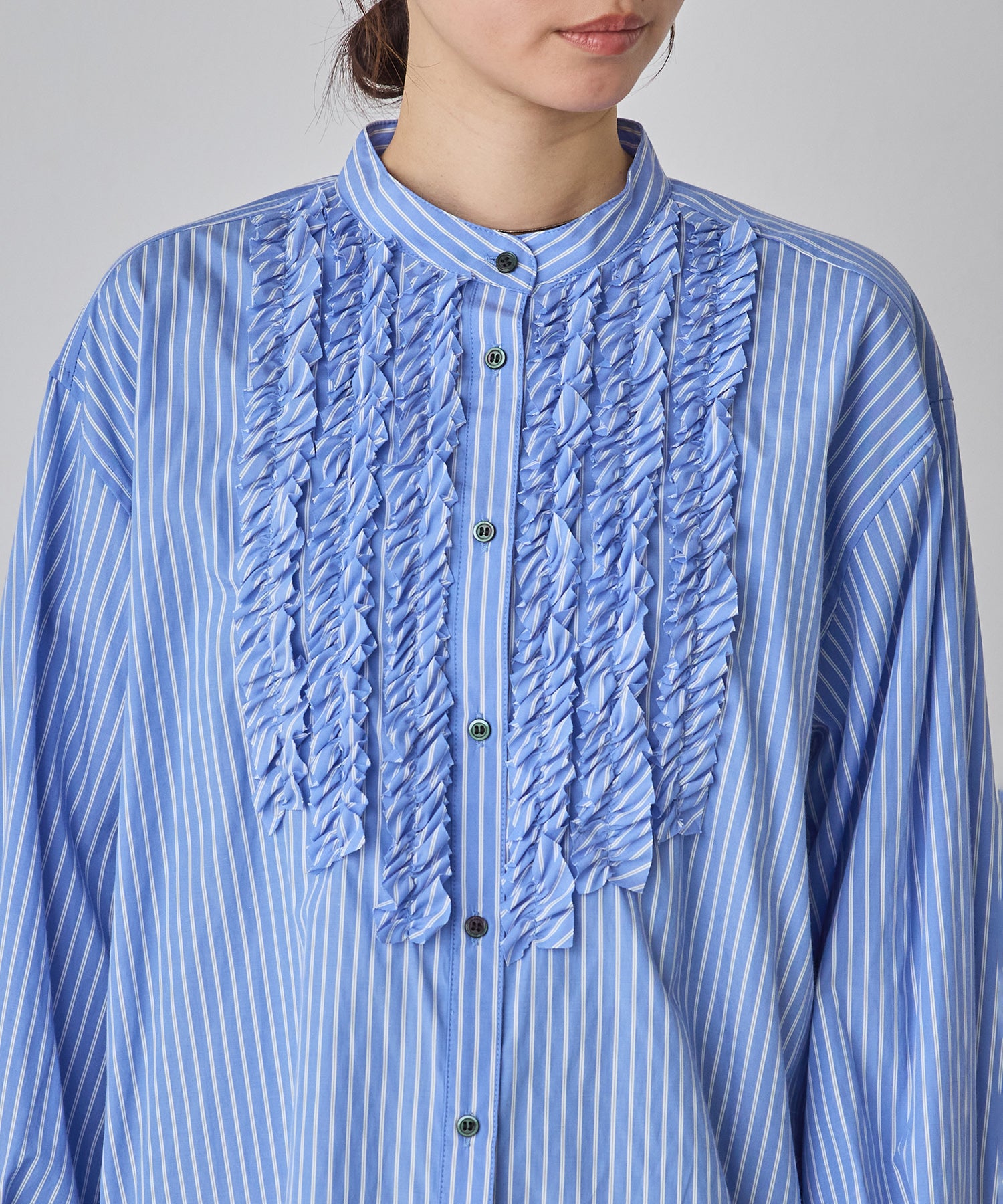 スラブ/デニム ストライプフリルシャツ