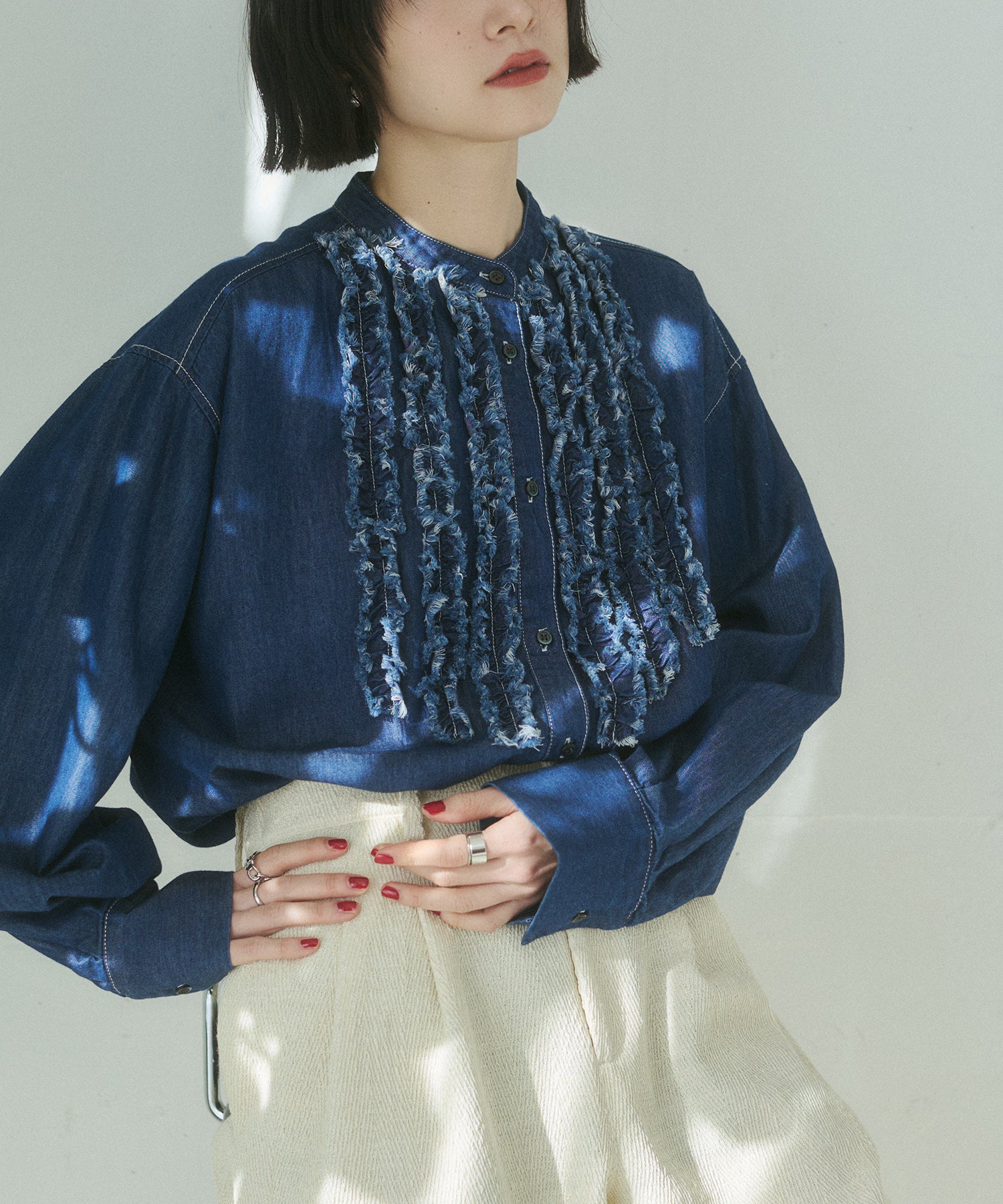 スラブ/デニム ストライプフリルシャツ