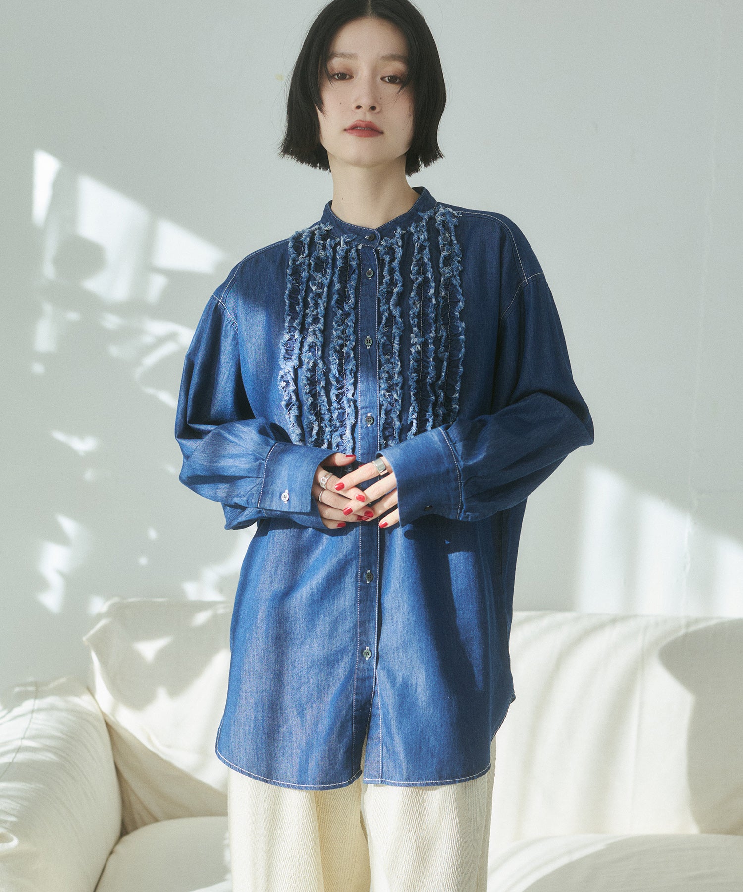 スラブ/デニム ストライプフリルシャツ