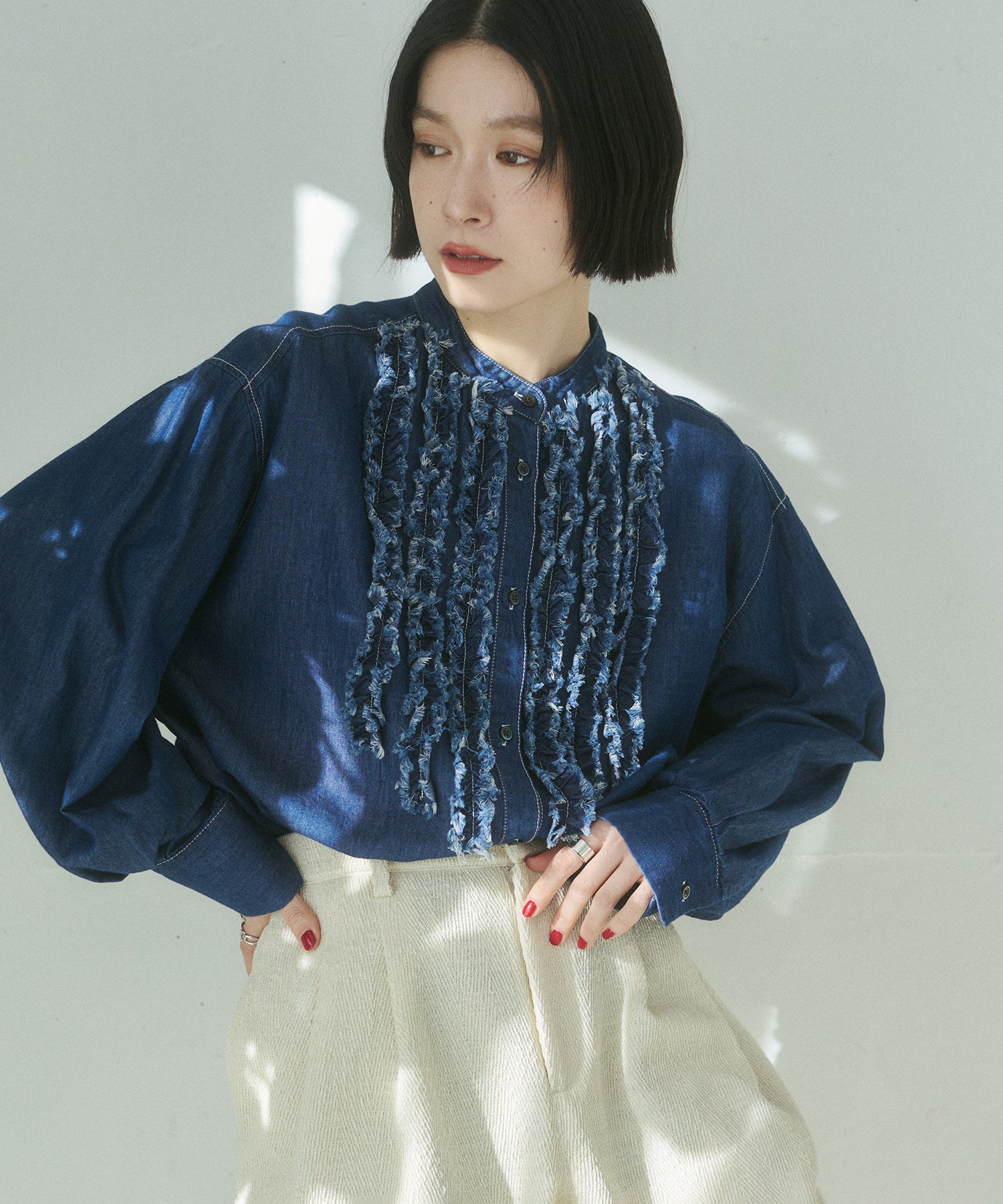 スラブ/デニム ストライプフリルシャツ