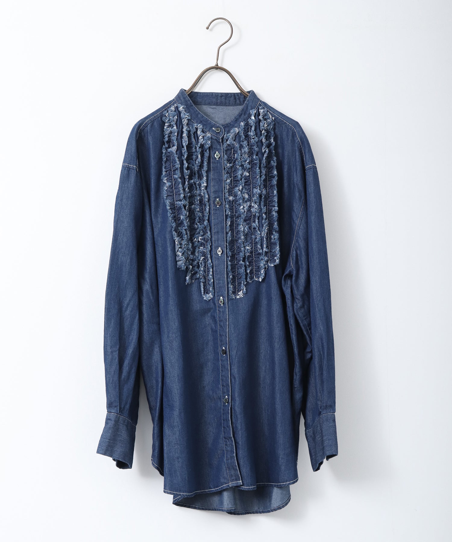 スラブ/デニム ストライプフリルシャツ