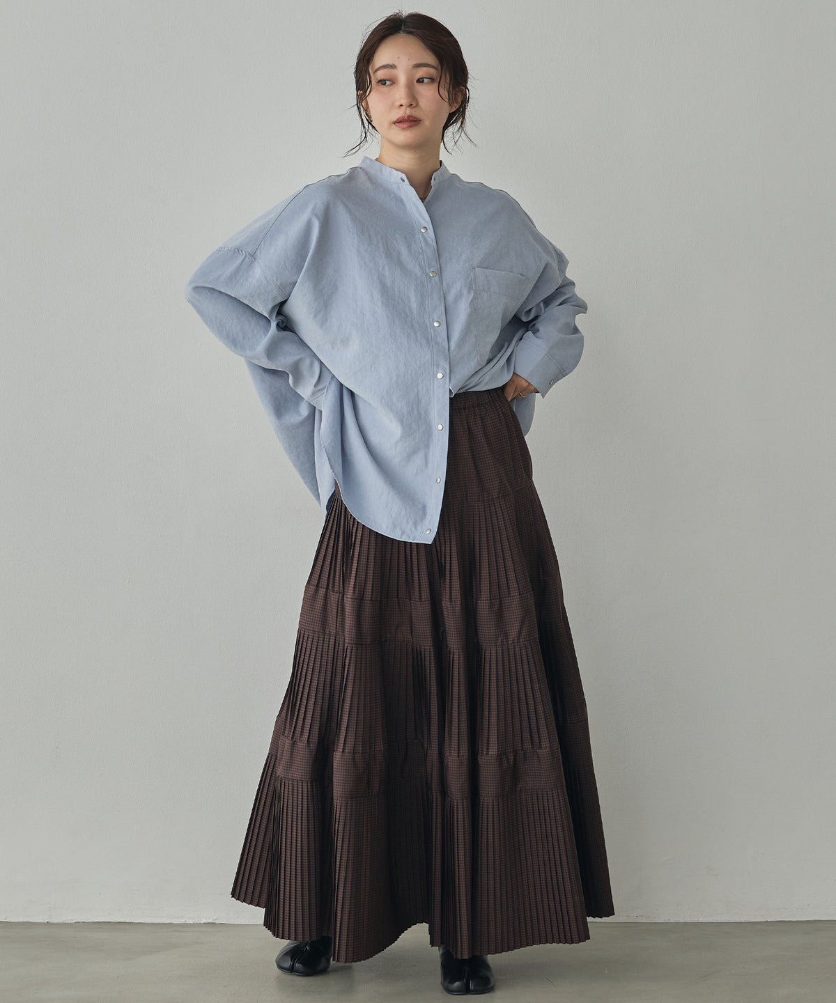 PEACH SUEDE 2WAY LENGTH BAND COLLAR SHIRT
