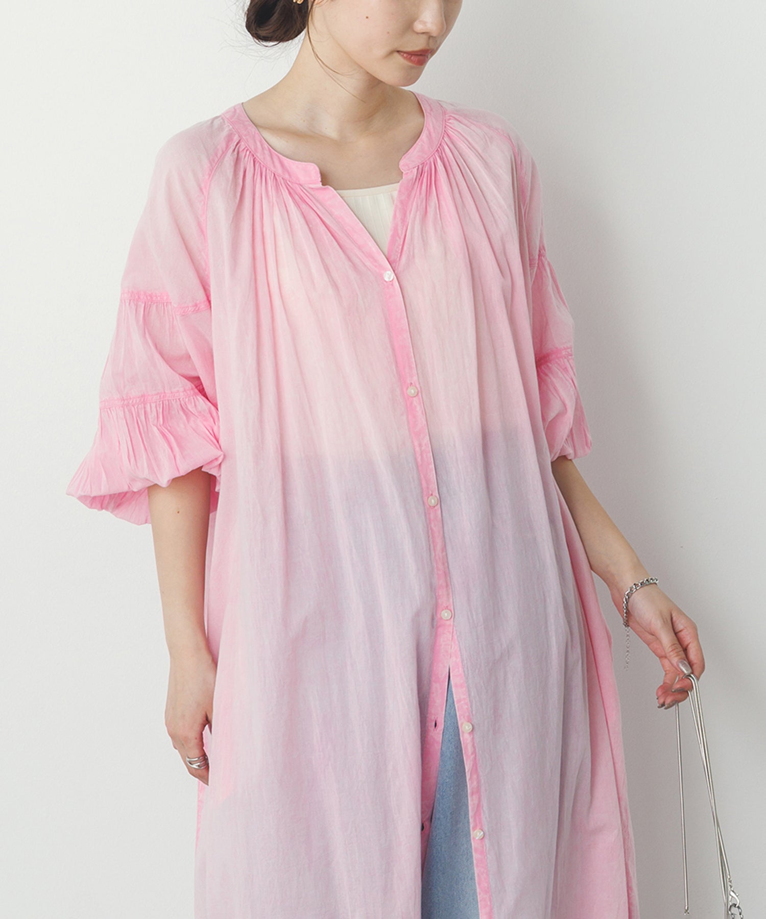 コットンボイル 七分袖シャツワンピース