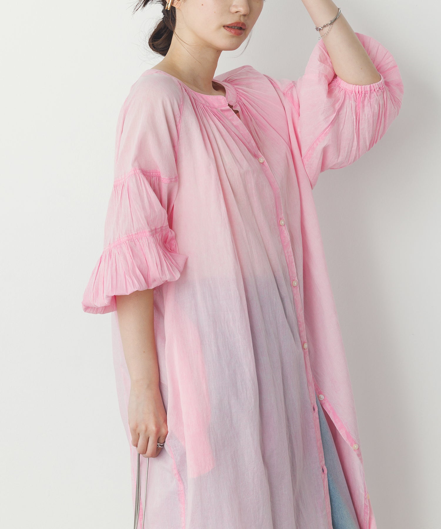 コットンボイル 七分袖シャツワンピース