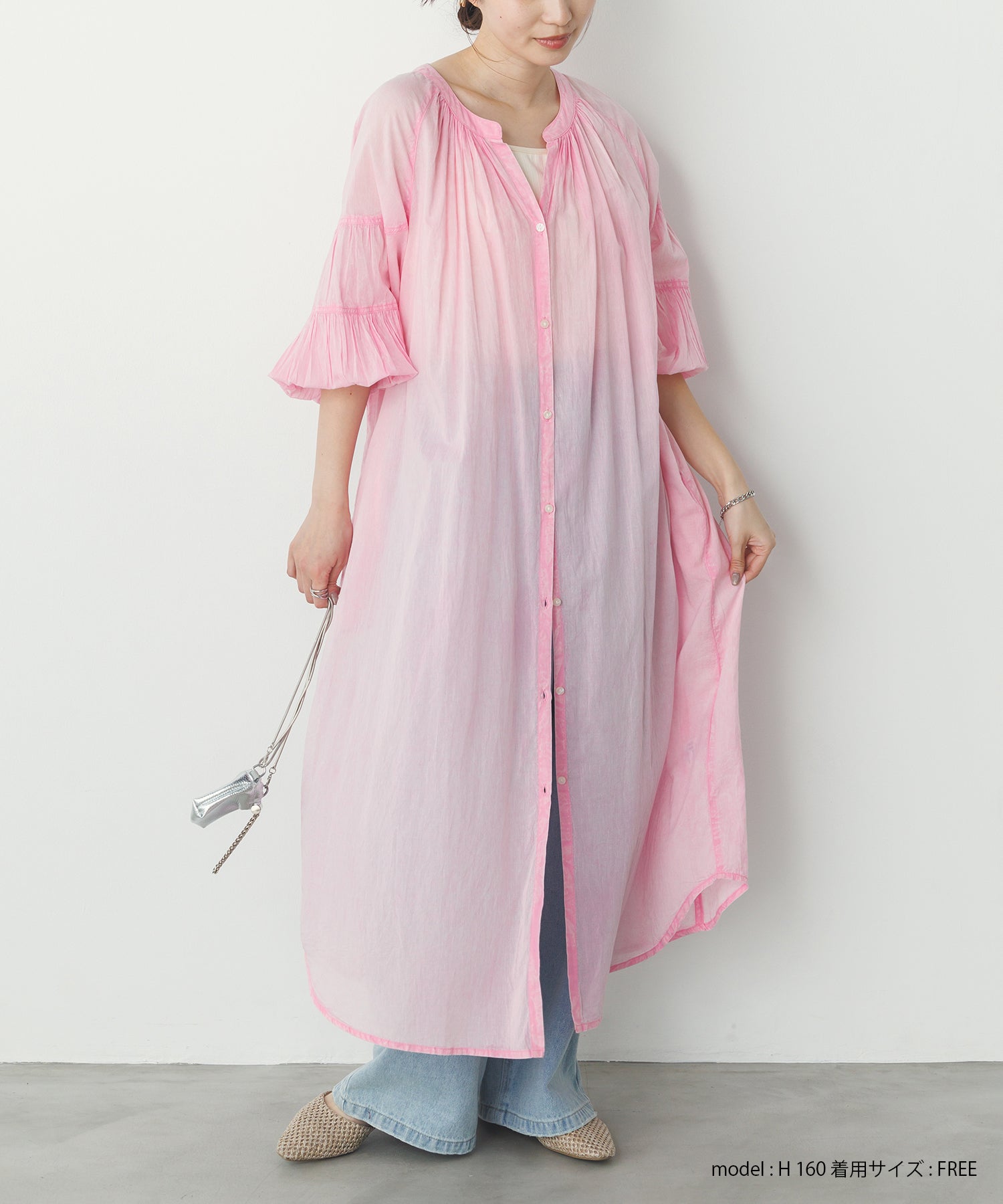 コットンボイル 七分袖シャツワンピース