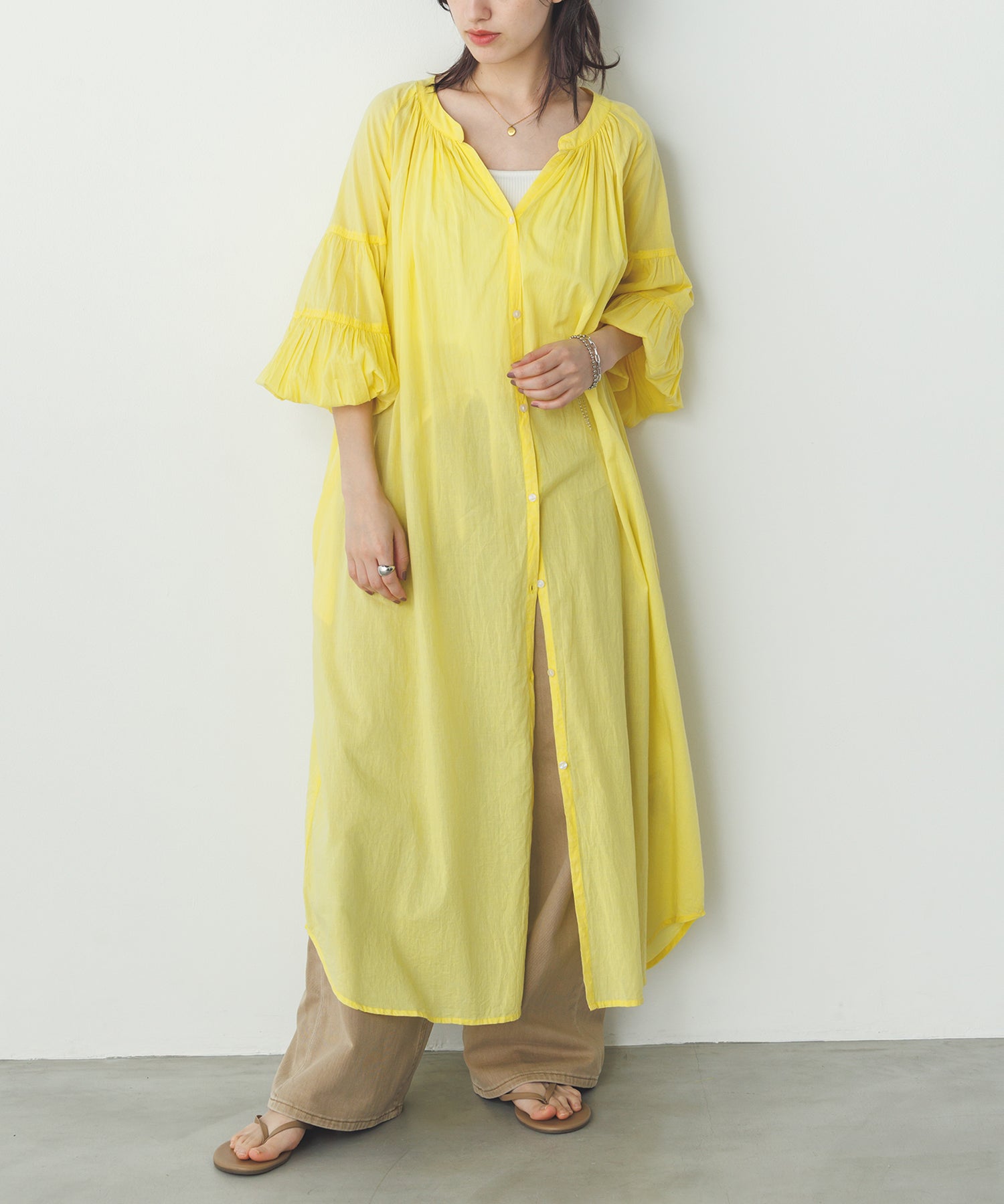 コットンボイル 七分袖シャツワンピース