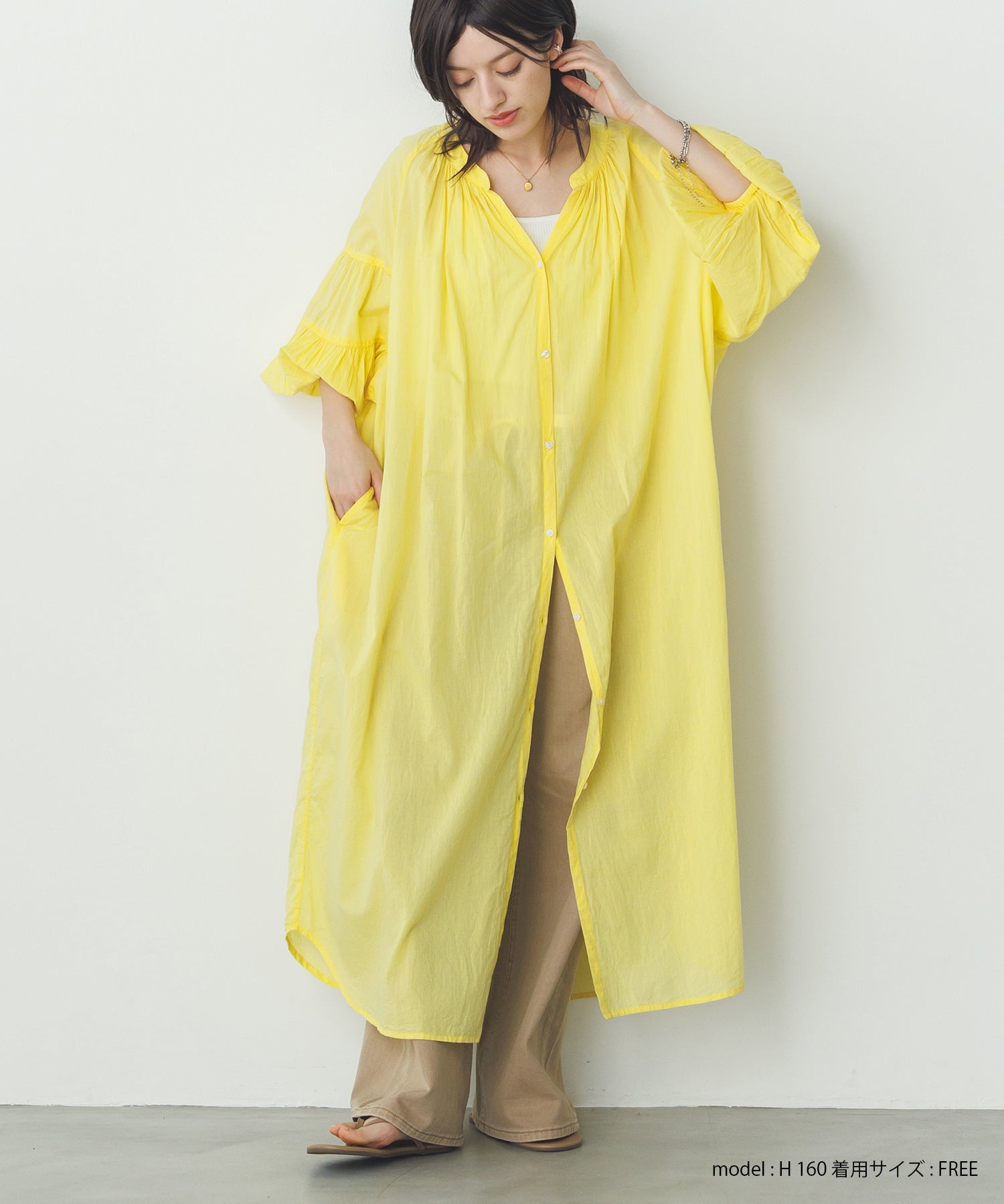 コットンボイル 七分袖シャツワンピース