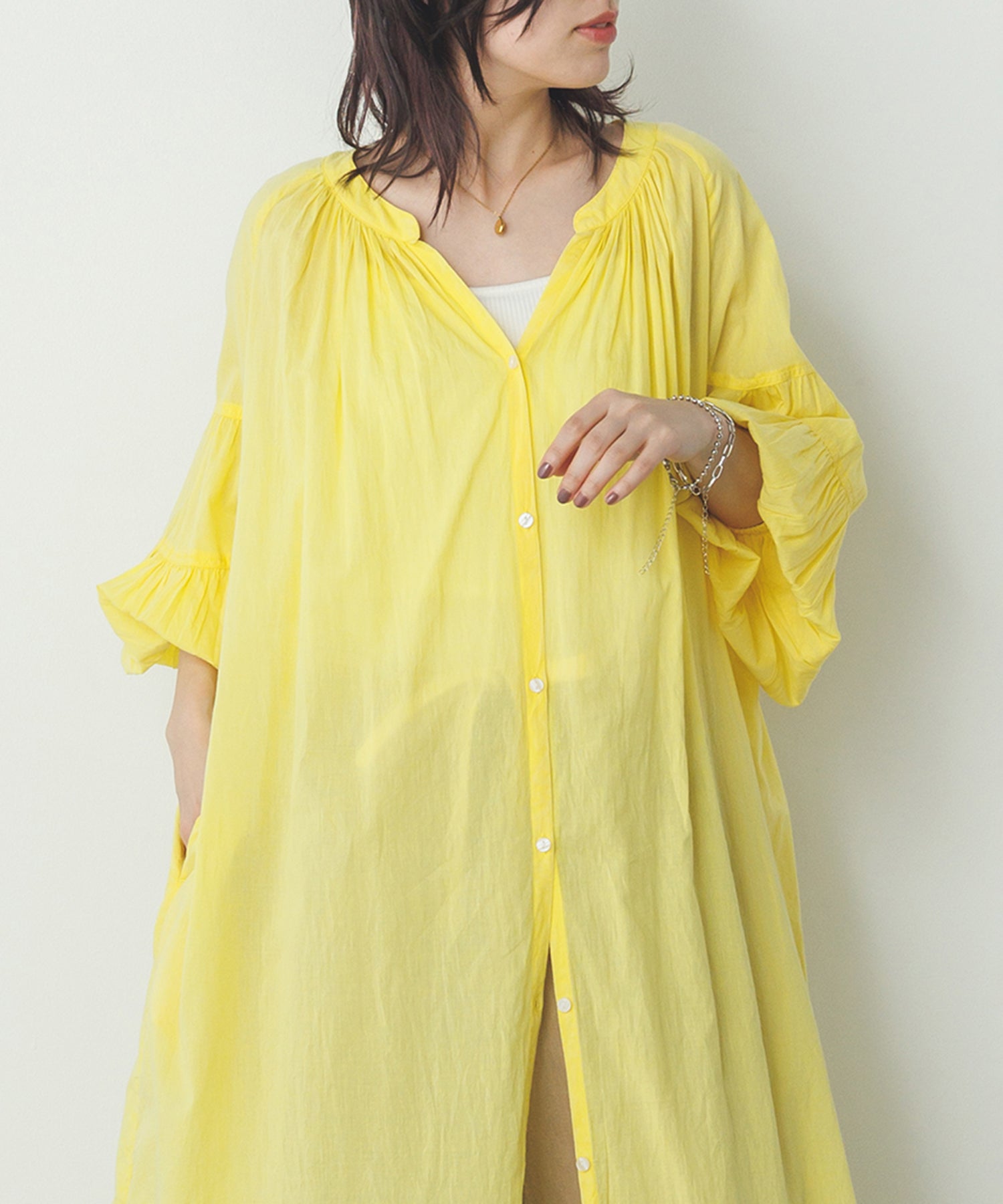 コットンボイル 七分袖シャツワンピース