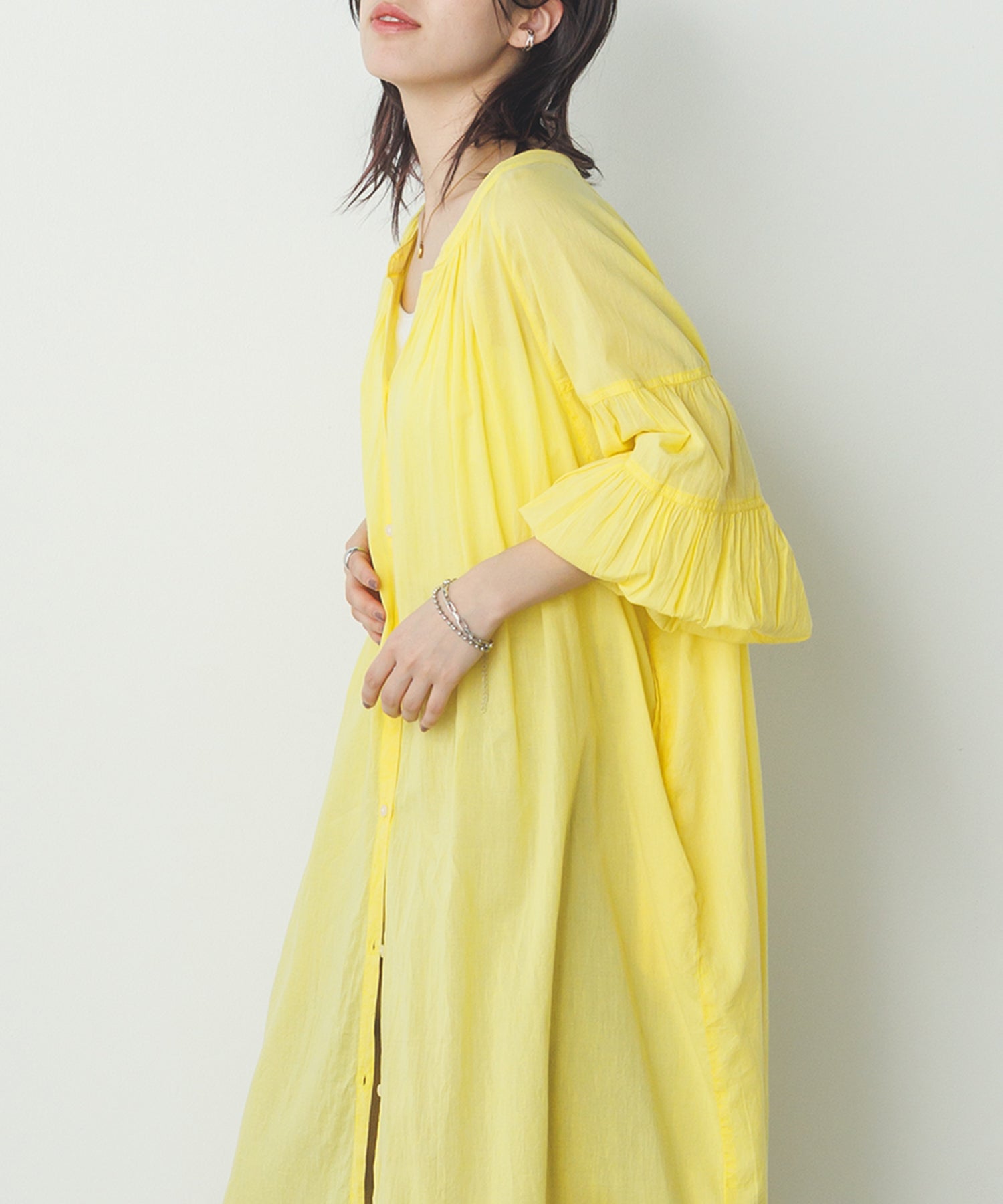 コットンボイル 七分袖シャツワンピース