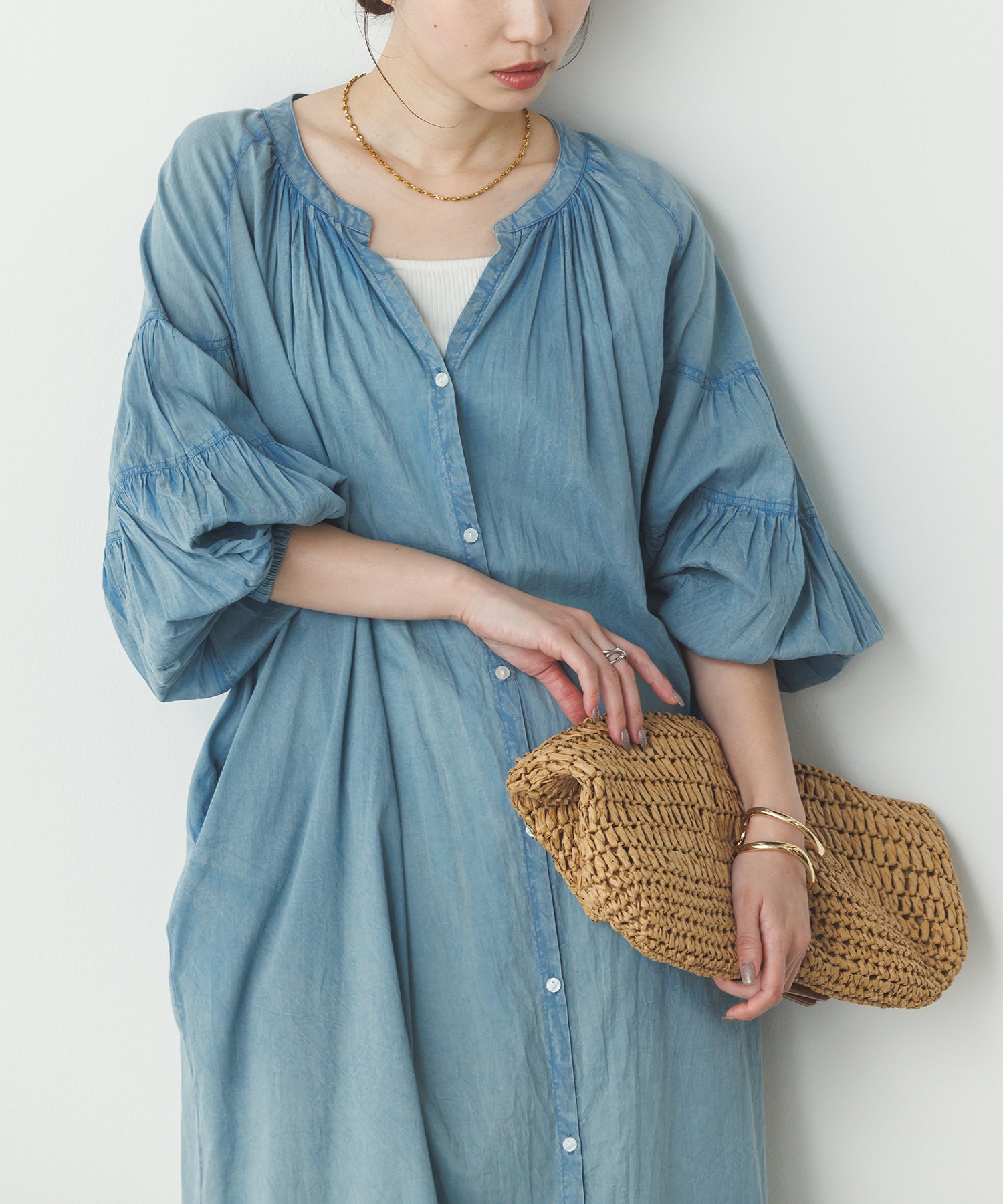 コットンボイル 七分袖シャツワンピース