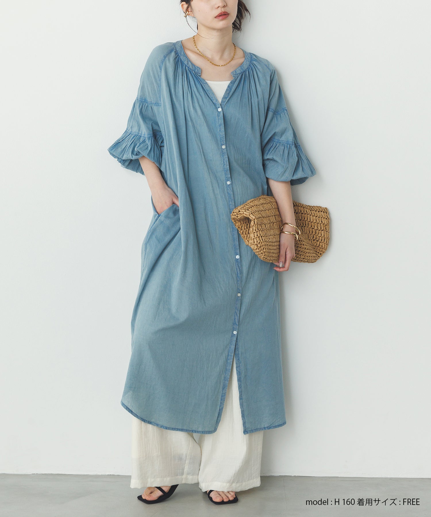 コットンボイル 七分袖シャツワンピース