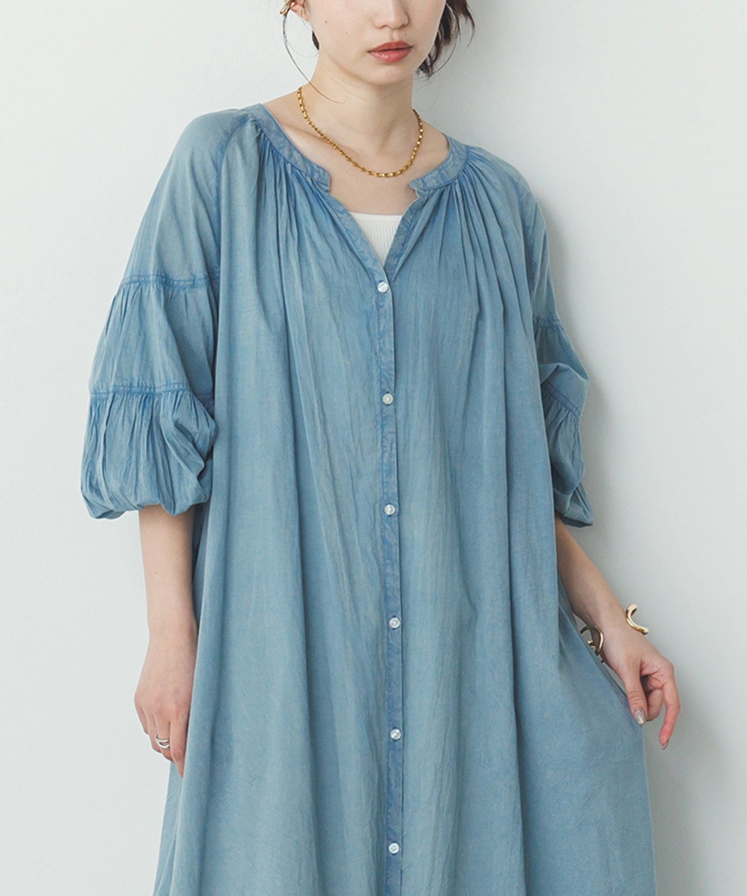 コットンボイル 七分袖シャツワンピース