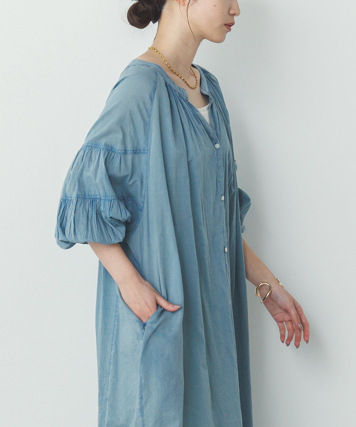 コットンボイル 七分袖シャツワンピース