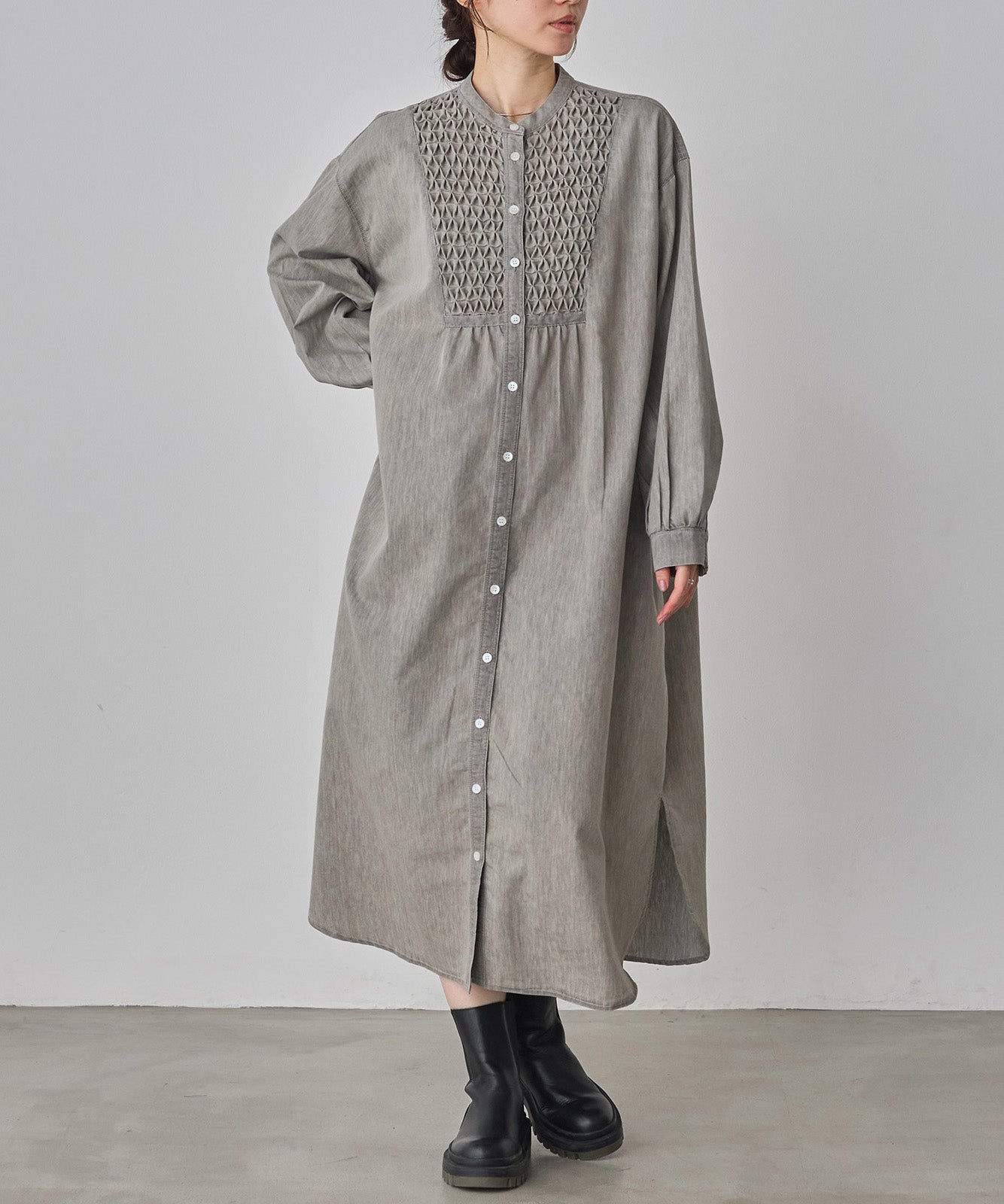 DENIM SMOCKING ONE-PIECE