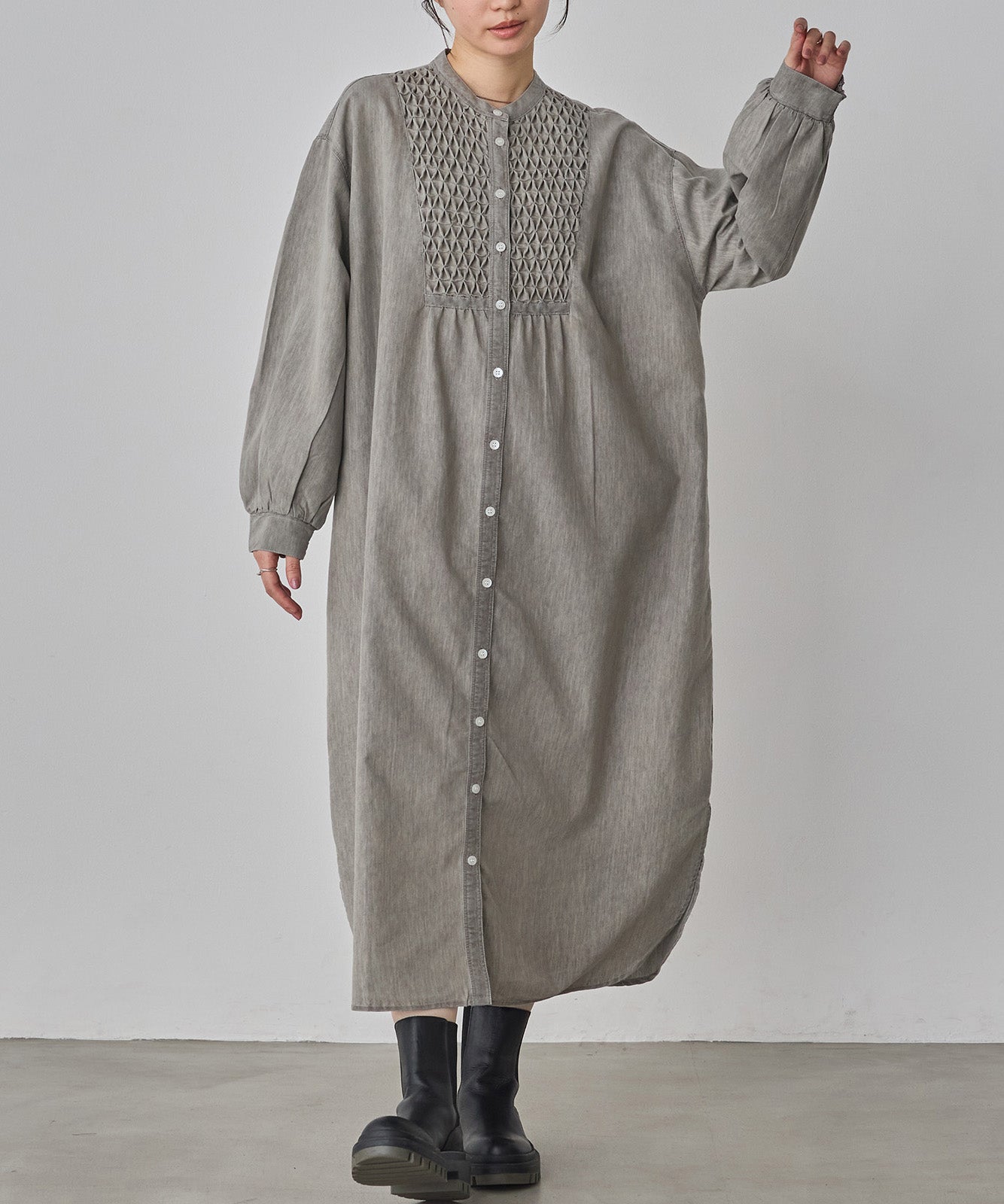 DENIM SMOCKING ONE-PIECE