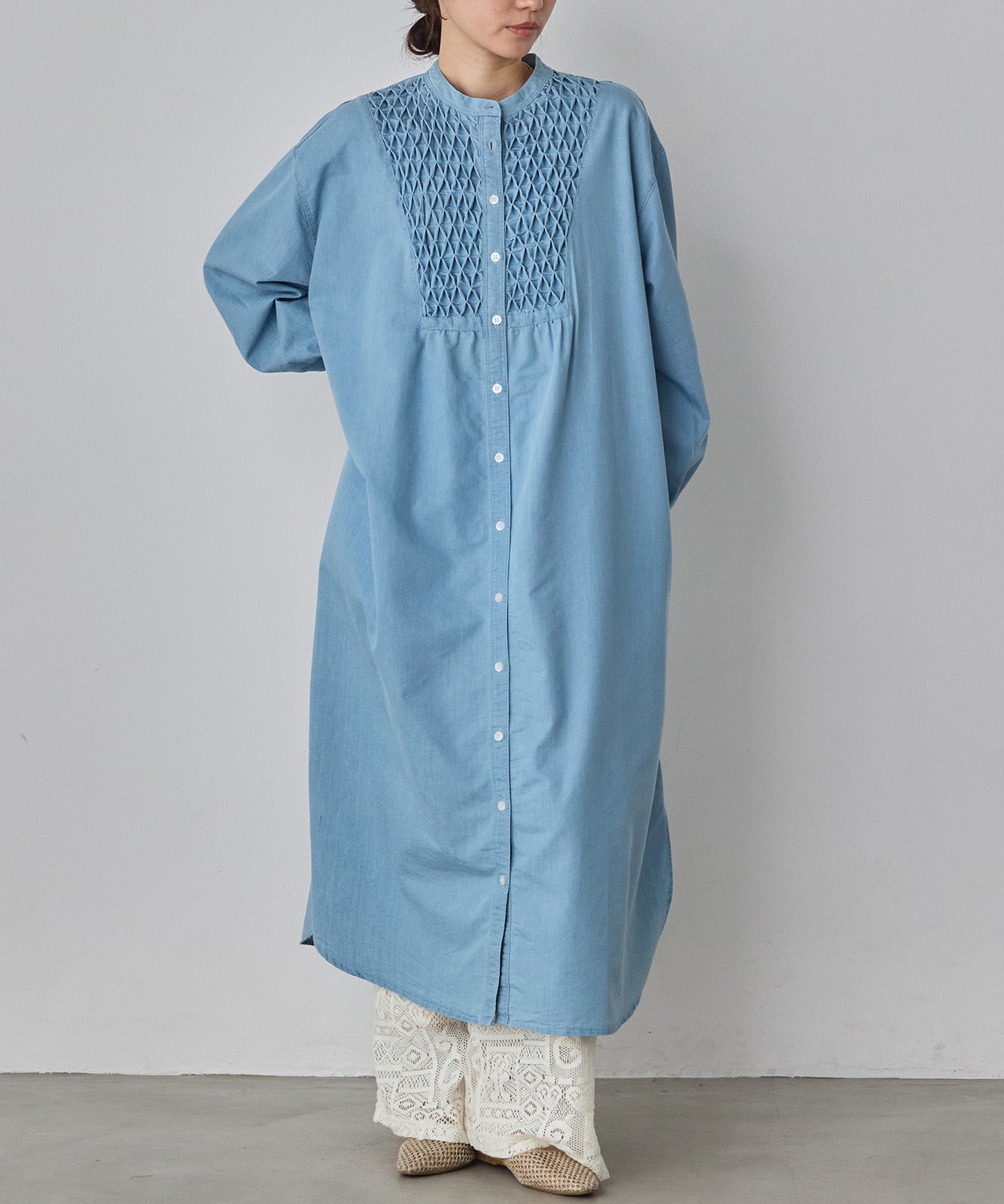 DENIM SMOCKING ONE-PIECE