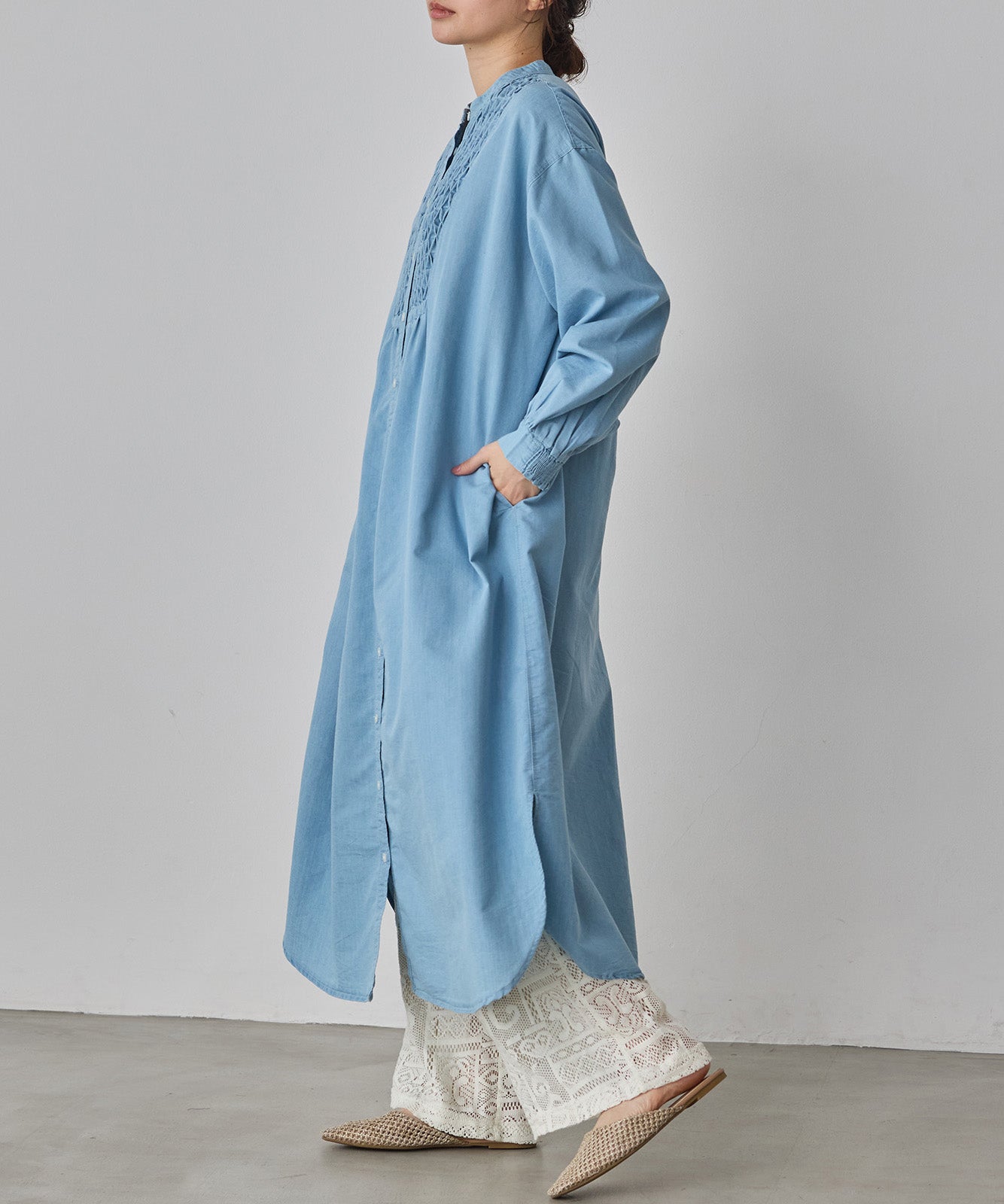 DENIM SMOCKING ONE-PIECE