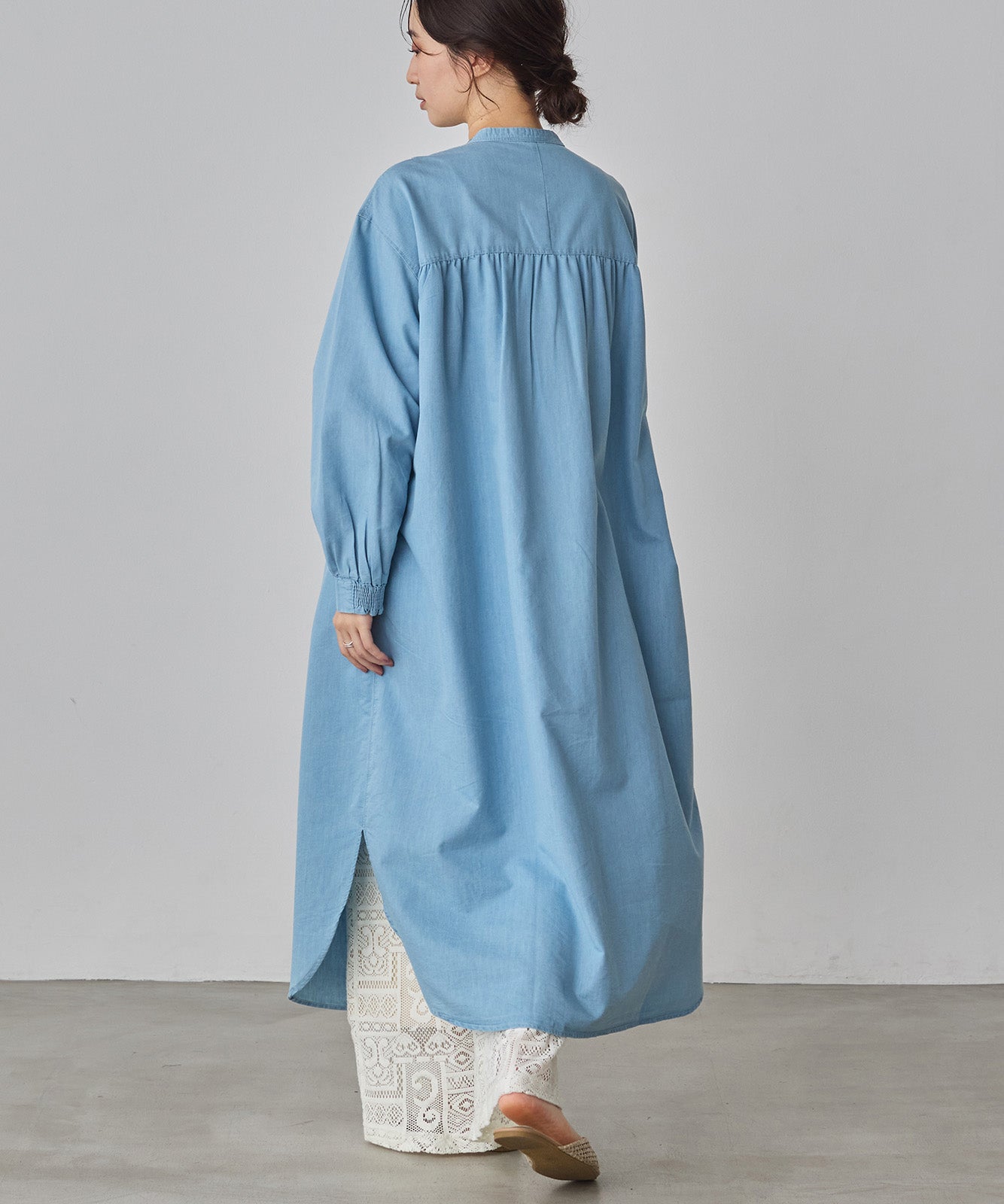 DENIM SMOCKING ONE-PIECE