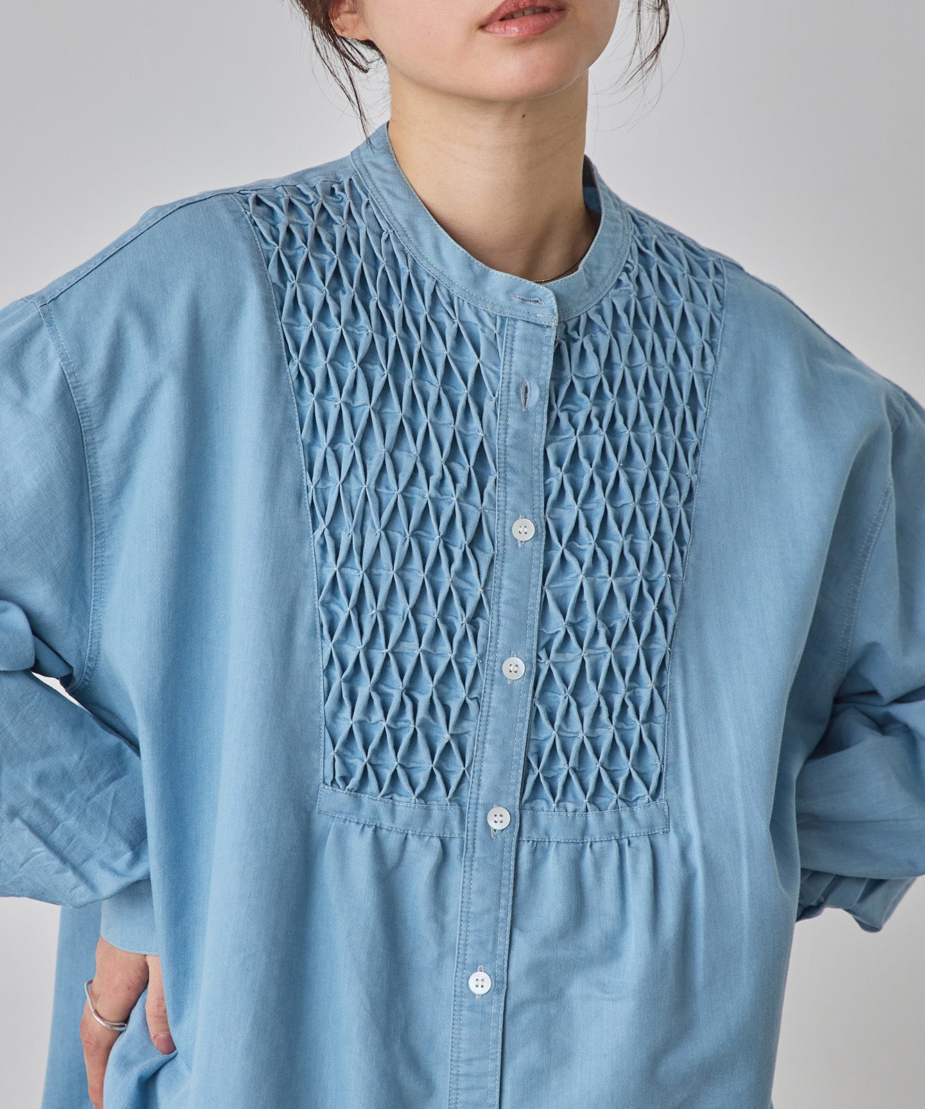 DENIM SMOCKING ONE-PIECE