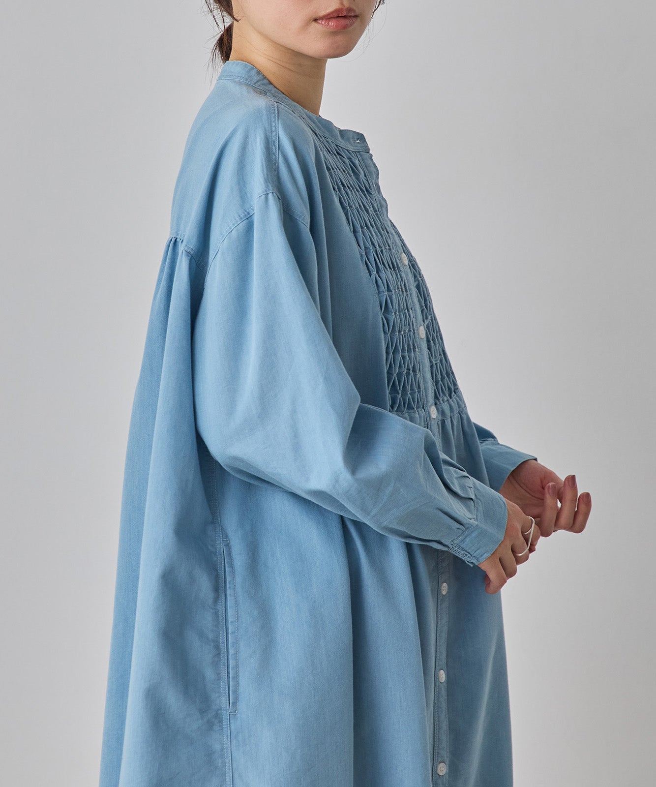 DENIM SMOCKING ONE-PIECE