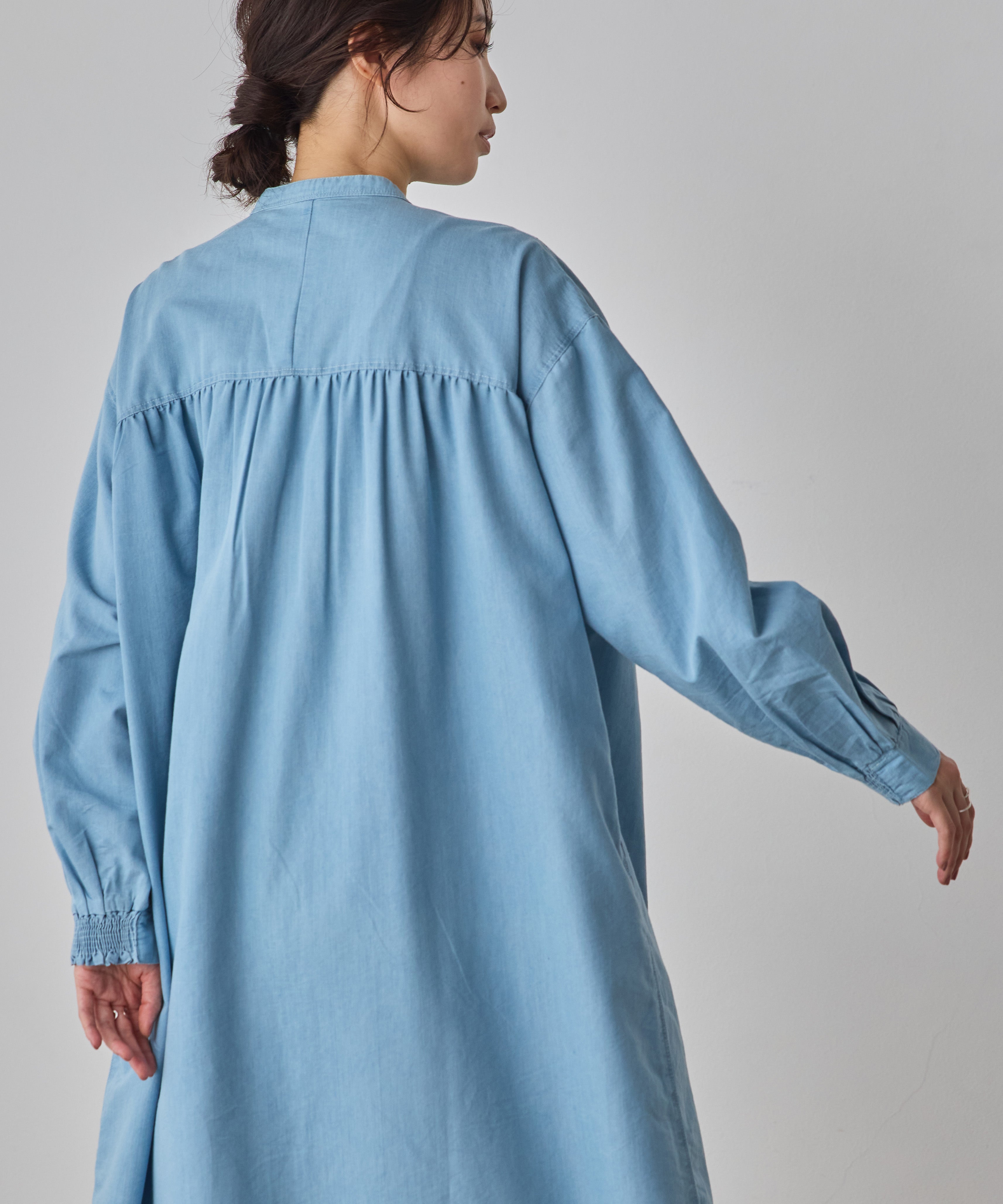 DENIM SMOCKING ONE-PIECE
