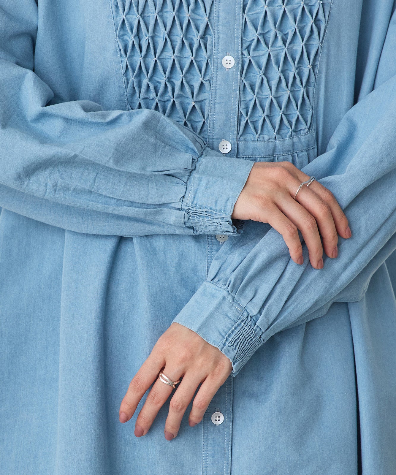 DENIM SMOCKING ONE-PIECE