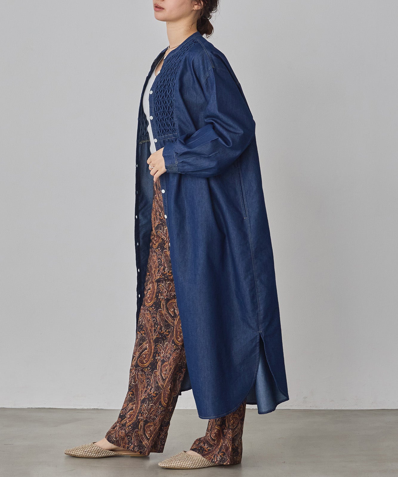 DENIM SMOCKING ONE-PIECE