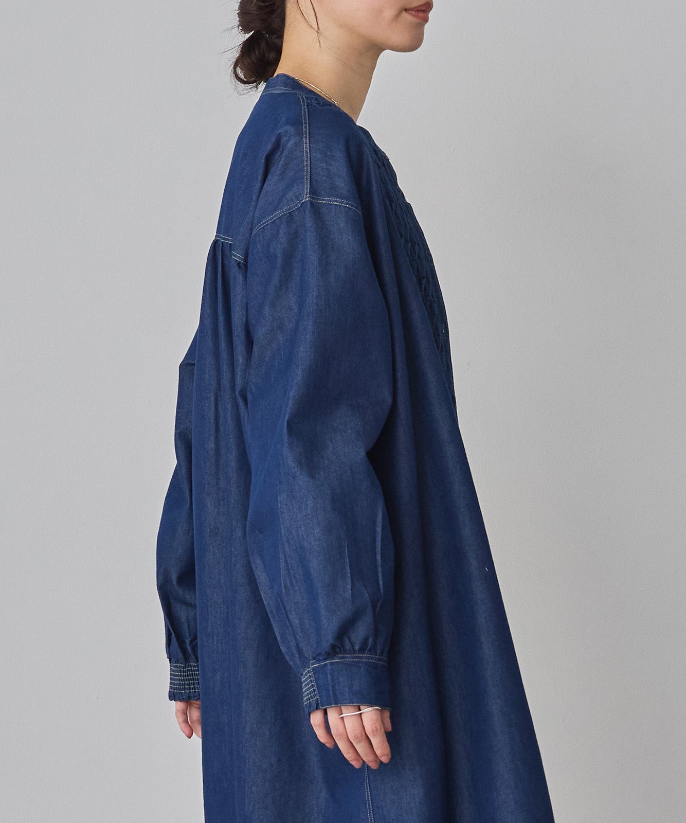 DENIM SMOCKING ONE-PIECE
