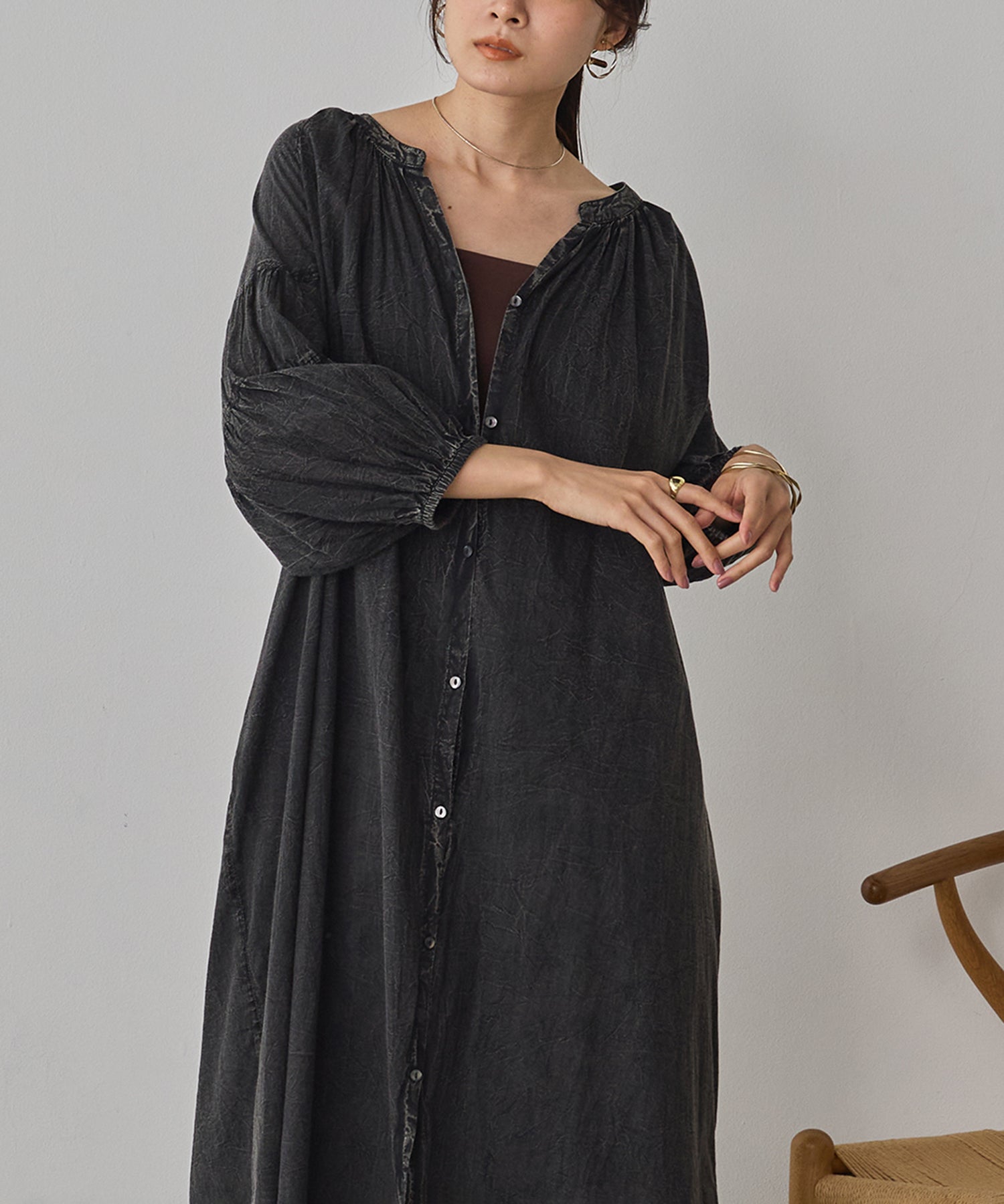 ACID-WASH GATHERED ONE-PIECE