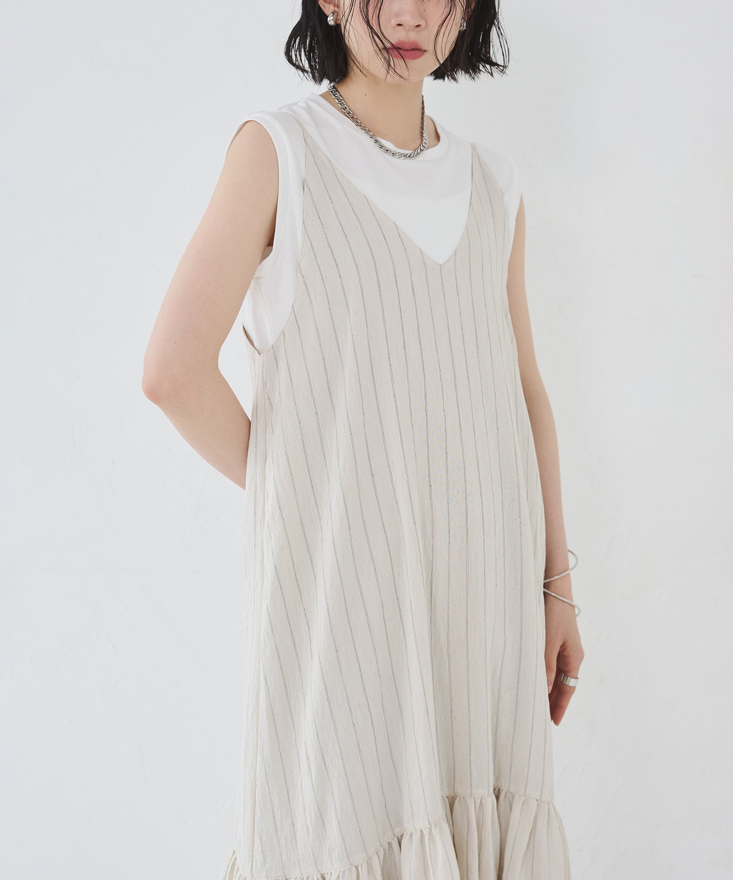 バックギャザー ストライプキャミワンピース